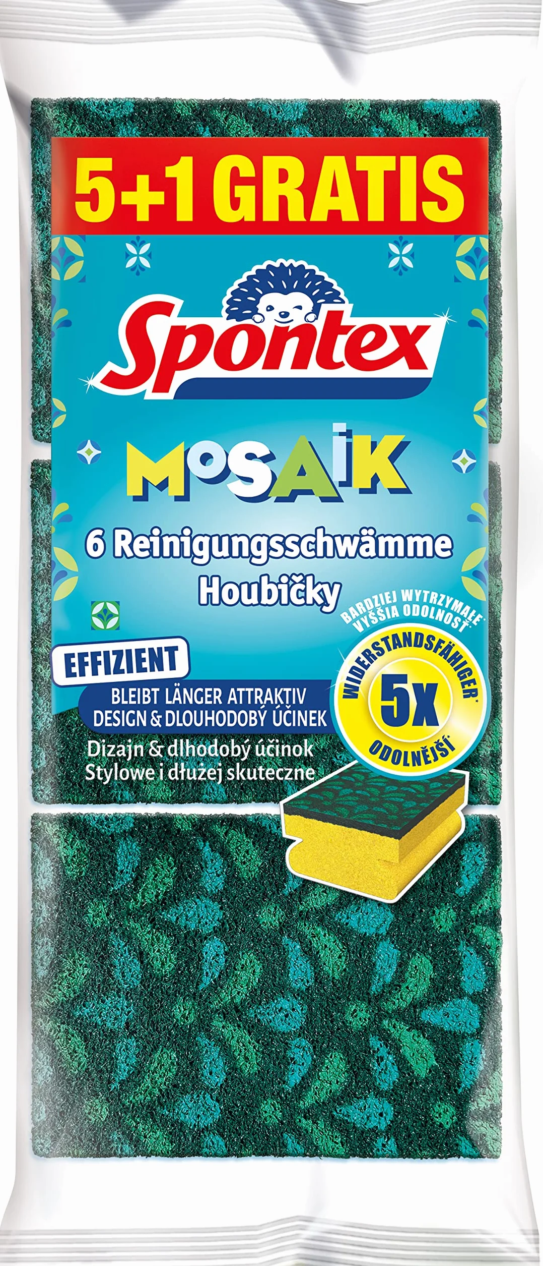 Spontex Gąbka do czyszczenia mozaiki, gąbka do szorowania z technologią zapobiegającą mechaceniu i praktycznym uchwytem, kolor nie do wyboru, 6 sztuk