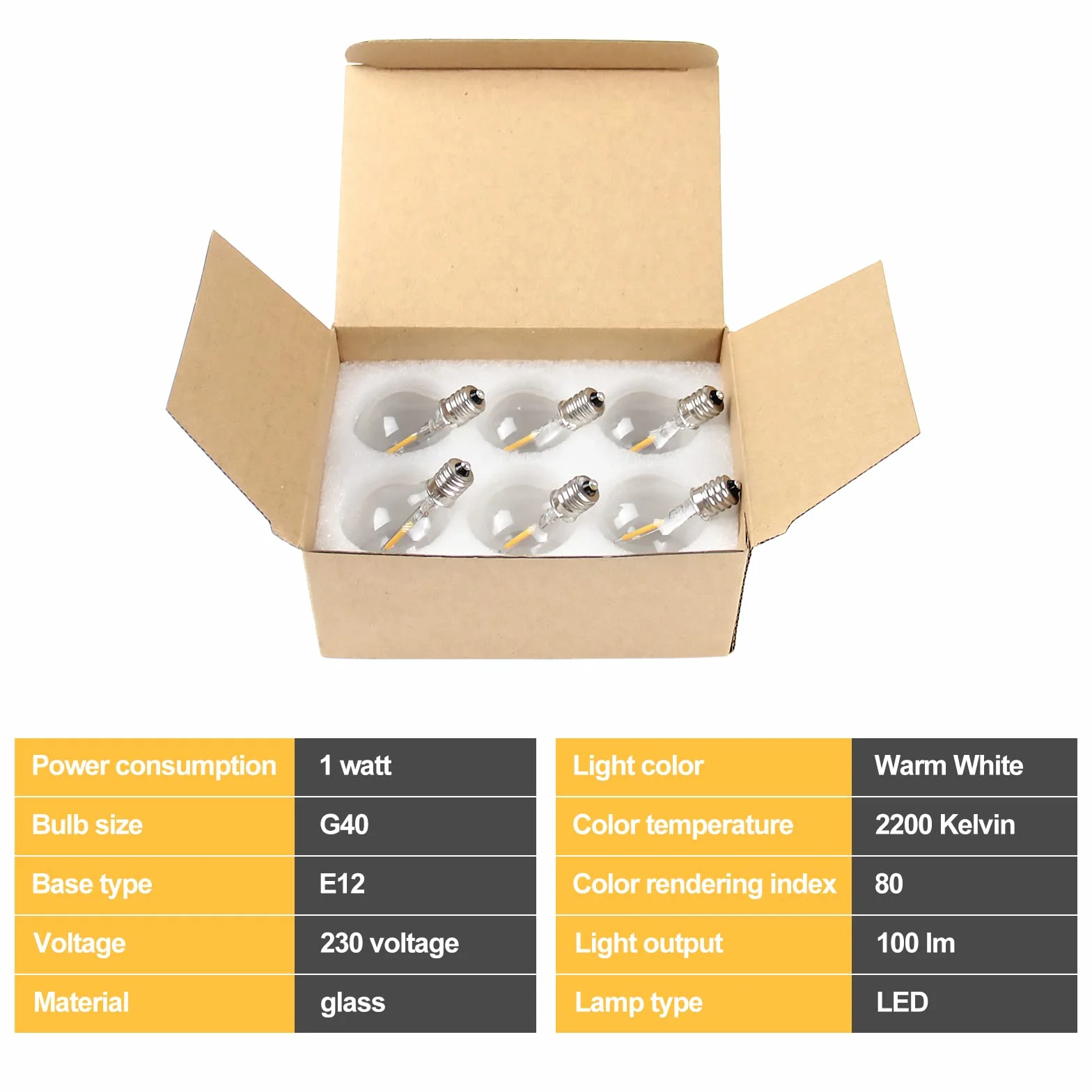 BRIMAX Żarówka LED E12 Baza G40 zamiennik żarówki 1 wat=10 wat Żarówki LED 100lm przezroczyste żarówki LED, ciepła biel 2200k Żarówka LED, żarówka bez możliwości ściemniania, opakowanie 6 szt.