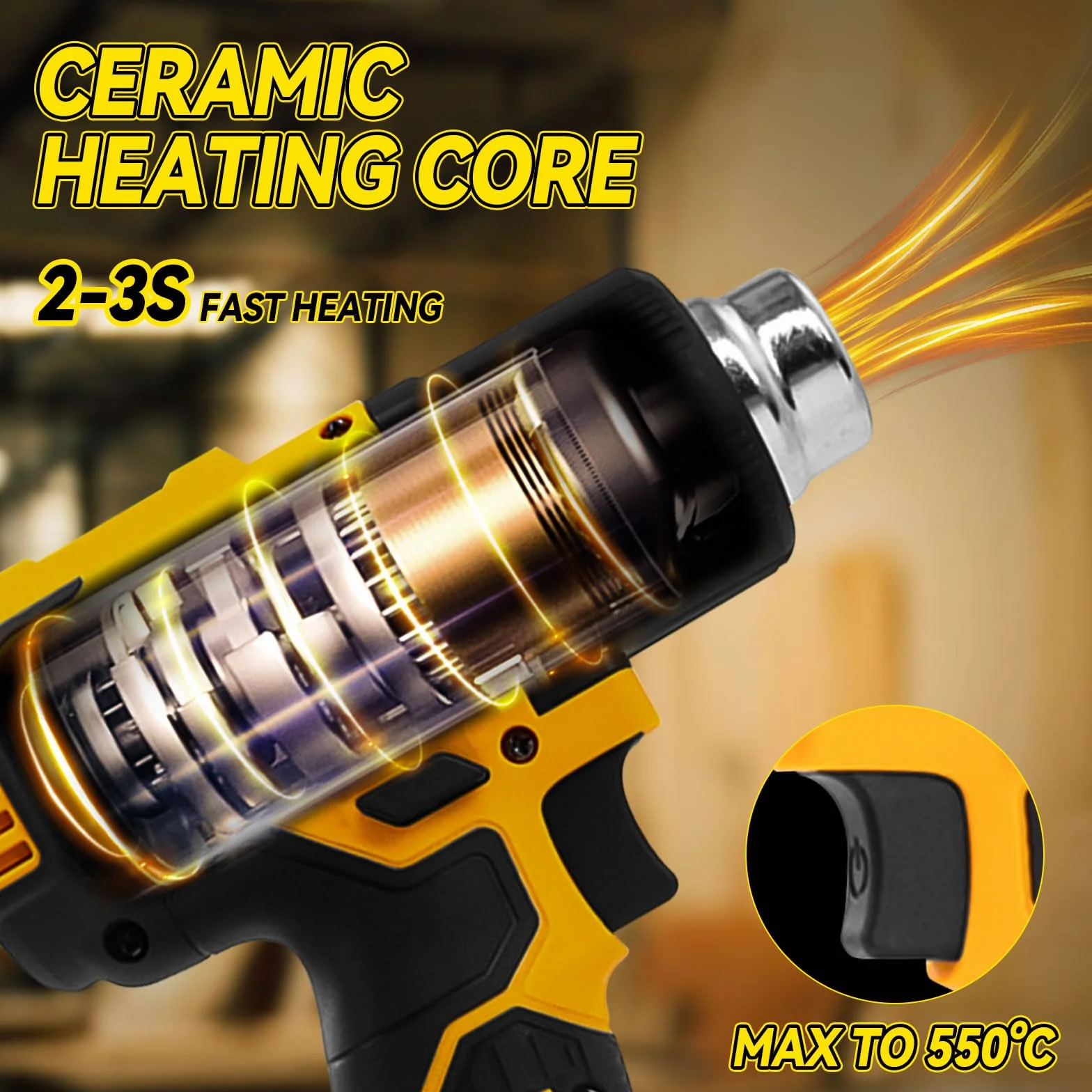 Bezprzewodowa opalarka do baterii DEWALT 20 V, bezprzewodowy pistolet na gorące powietrze z 5 dyszami, ustawienia 2-temperaturowe maks. 550°C, do rur termokurczliwych, folii winylowych, rzemiosła