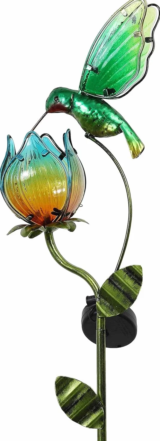 TERESA'S COLLECTIONS Lampy solarne do użytku na zewnątrz, dekoracja ogrodowa do użytku na zewnątrz, odporna na warunki atmosferyczne, 105 cm, metalowa lampa ogrodowa, kwiat kolibra na taras, figurka