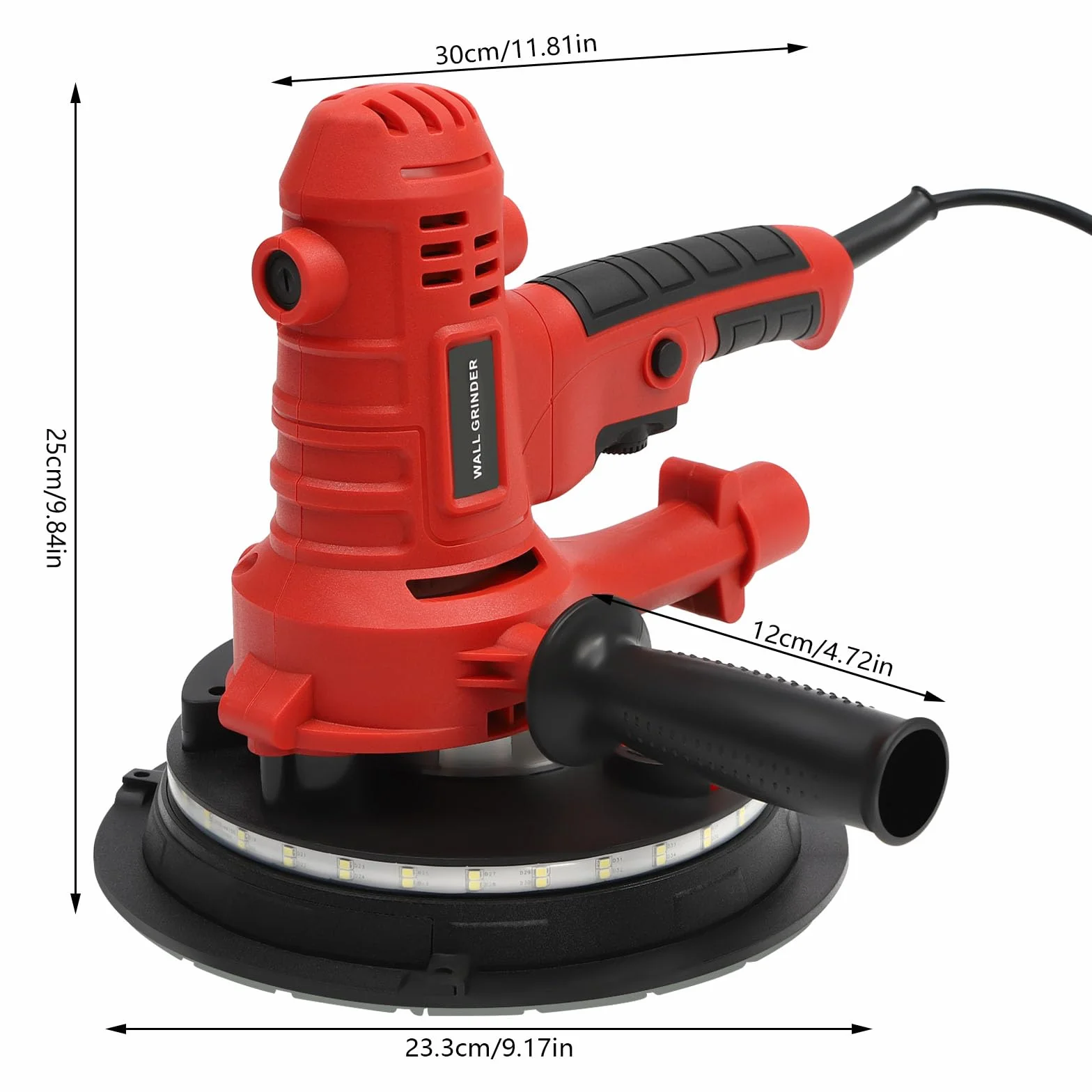 Szlifierka do suchej zabudowy, szlifierka ścienna, 1200 W, 180 mm, z przyssawką, bezpyłowa szlifierka sufitowa z podwójnym pokładem LED i 6 papierami ściernymi 1200-2500 obr./min