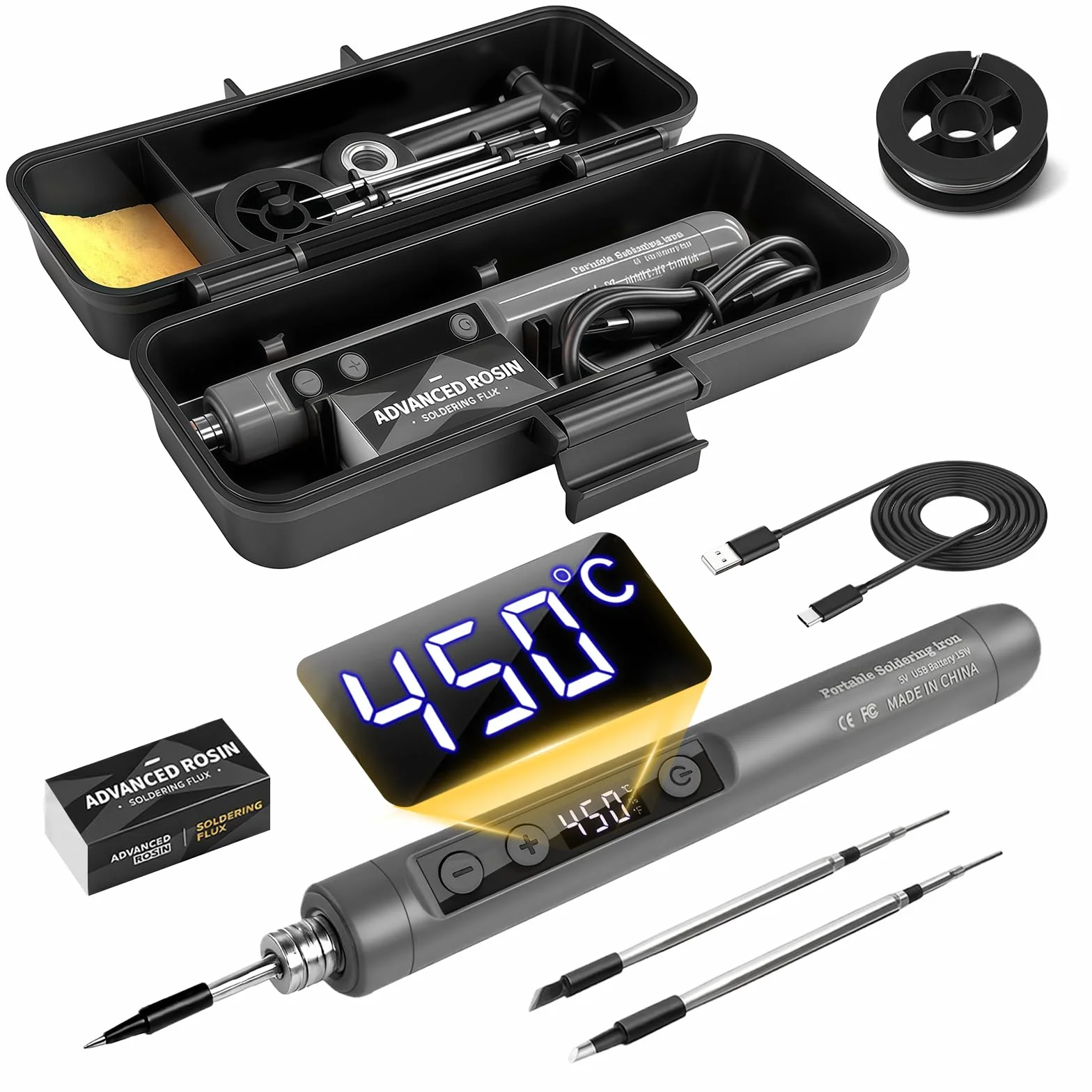 Flintronic Lutownica cynowa, bezprzewodowy zestaw lutowniczy, ładowalny zestaw lutowniczy USB z wyświetlaczem LCD, regulowana temperatura od 180°C do 450°C, 3 końcówki lutownicze, pasta i drut