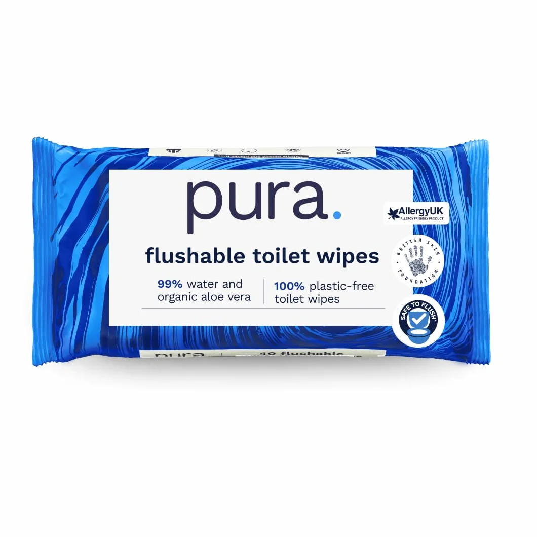 Pura Wysokiej jakości wilgotne chusteczki toaletowe do spłukiwania, 40 sztuk, czyste myjki, certyfikat "Fine To Flush", w 100% bez plastiku, biodegradowalne, nadające się do kompostowania