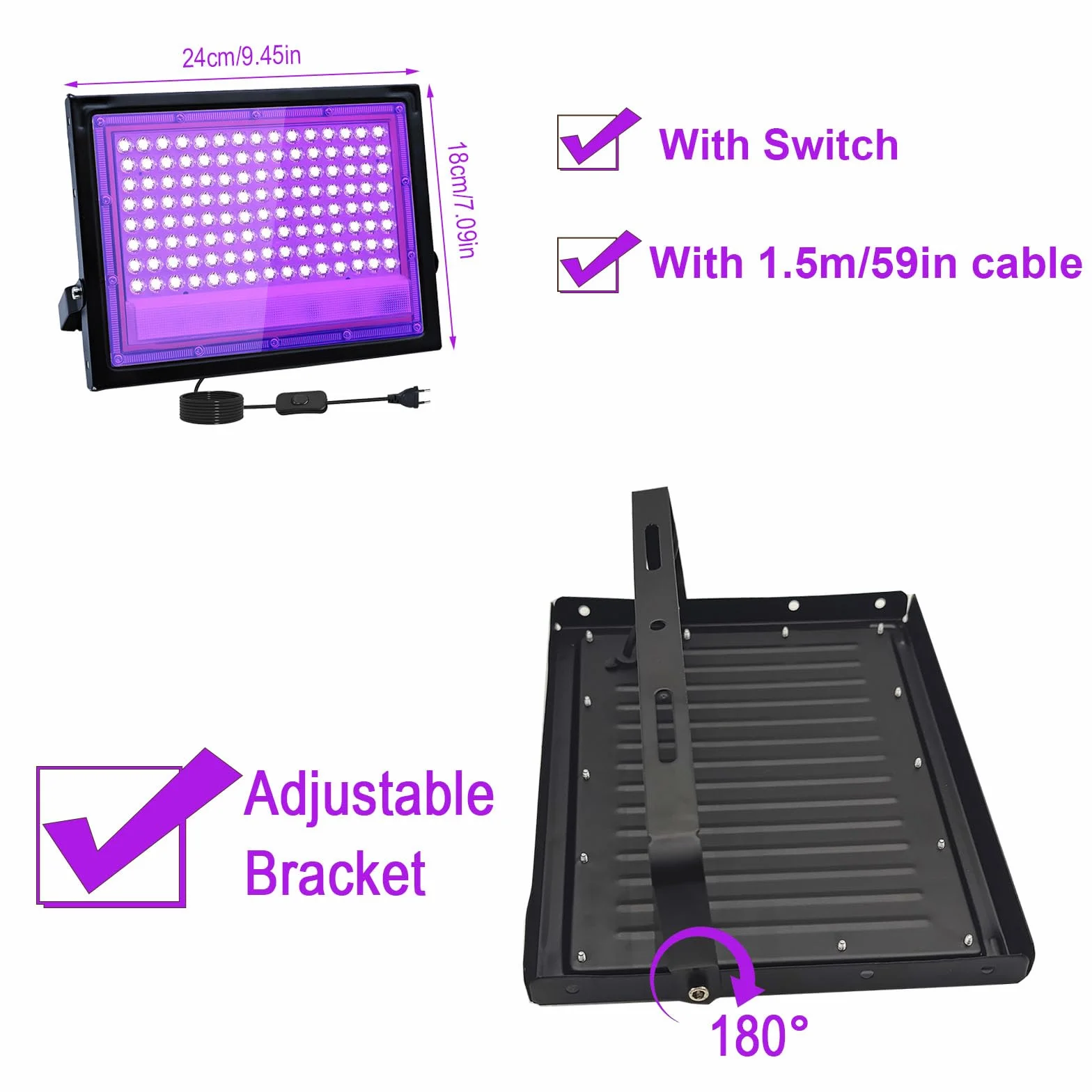 2 sztuki 100 W czarne światło LED, IP66, wodoodporna lampa UV UV, czarne światło ultrafioletowe z przełącznikiem na Halloween, dyskotekę, malowanie ciała, neon, DJ, czarne światło imprezowe