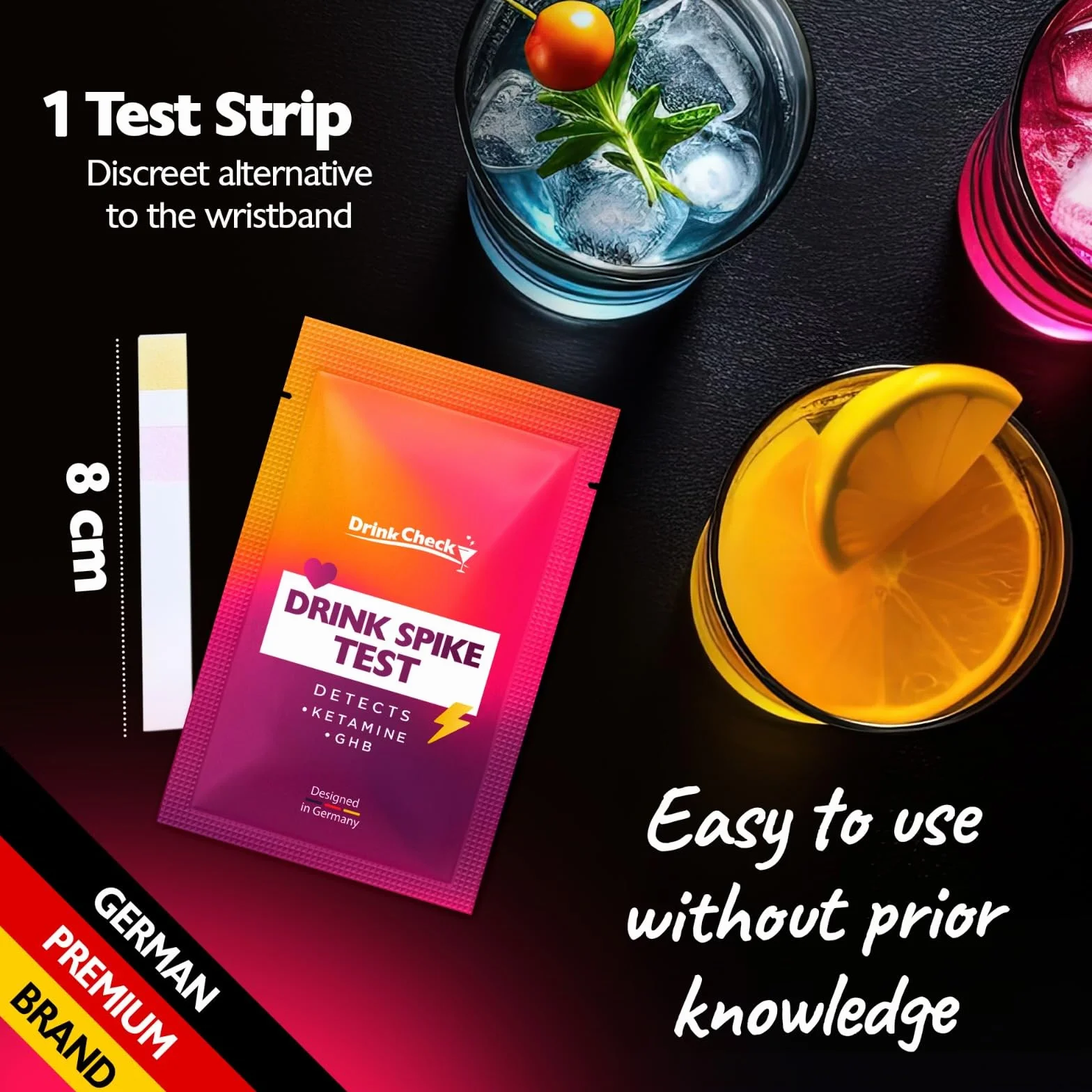 paski testowe do picia, 1 test, wykrywanie GHB, ketaminy, kokainy i skopolaminy w kilka sekund, przenośny zestaw bezpieczeństwa osobistego do klubów i imprez. Zgodny z prawem stanu