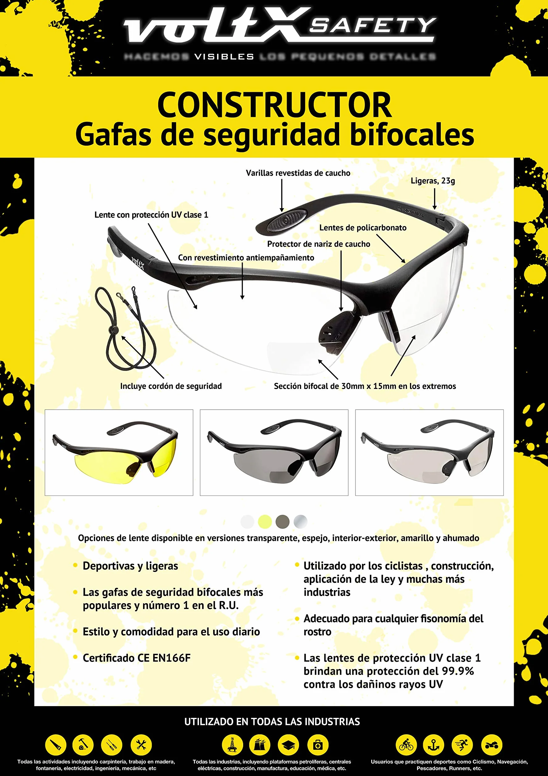 BIFOKALE voltX 'Constructor' okulary ochronne z funkcją czytania (+ 1.0 - +3,0 przezroczystych dioptrii, żółto-szare) z certyfikatem CE EN166f / okulary sportowe dla rowerzystów