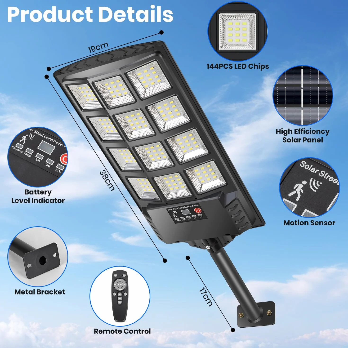 Zewnętrzny czujnik ruchu lampy słonecznej, 144 diody LED 6000K światła słoneczne ogród od zmierzchu do świtu wodoodporny IP67 z pilotem, regulowana jasność zewnętrzna lampa solarna (2)