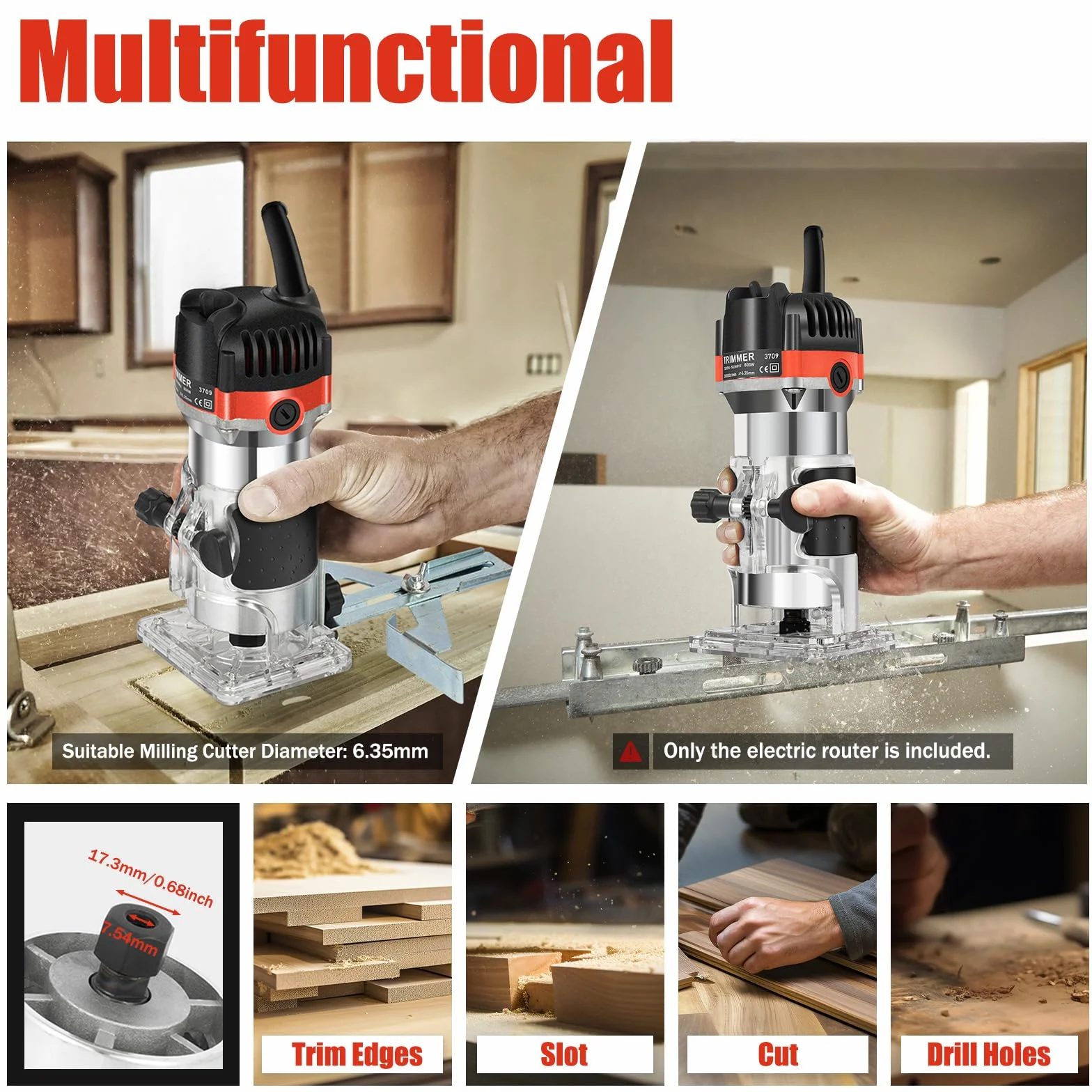 Elektryczna frezarka górnowrzecionowa jednoręczna, 800 W Rimmer Router Frez krawędziowy, zestaw frezów do drewna, elektryczny laminat do drewna palmowego Router Joiner Tool 30000 obr./min, do