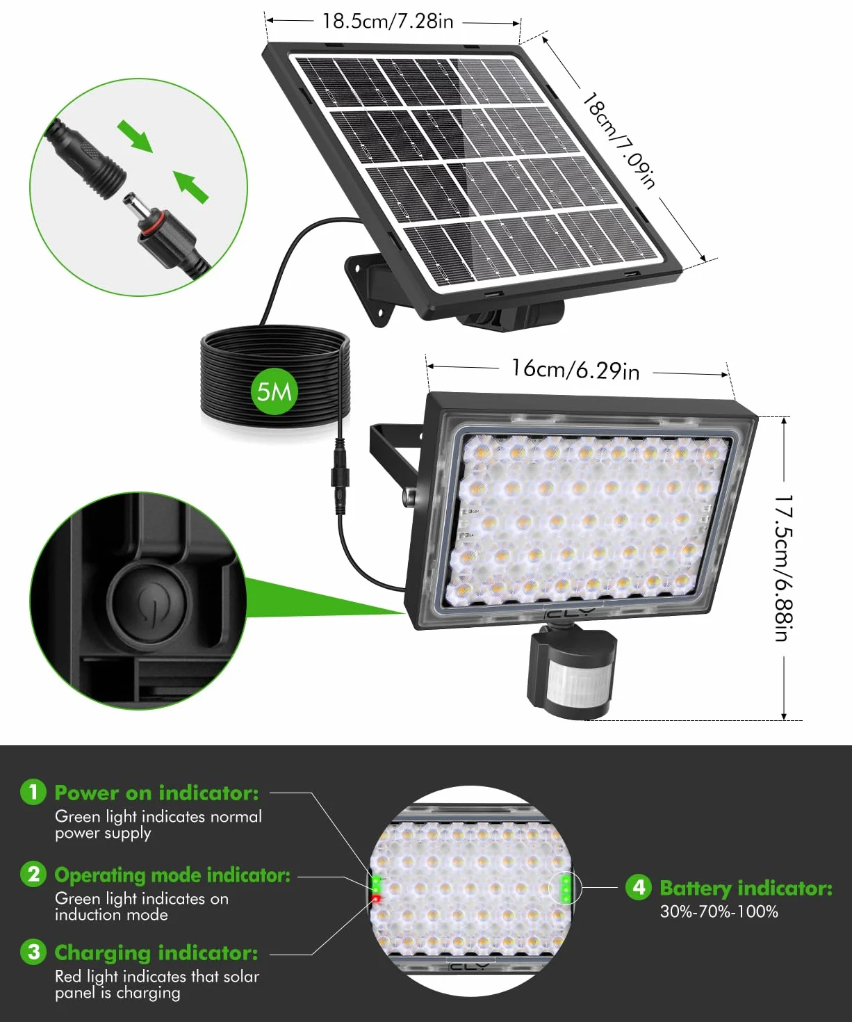 CLY Lampa słoneczna Zewnętrzny czujnik ruchu 30W, 2600lm Zewnętrzna lampa słoneczna z pilotem 6 trybów Reflektor słoneczny 2500K-6500K Słoneczne oświetlenie zewnętrzne 5000 mAh IP66 Wodoodporny