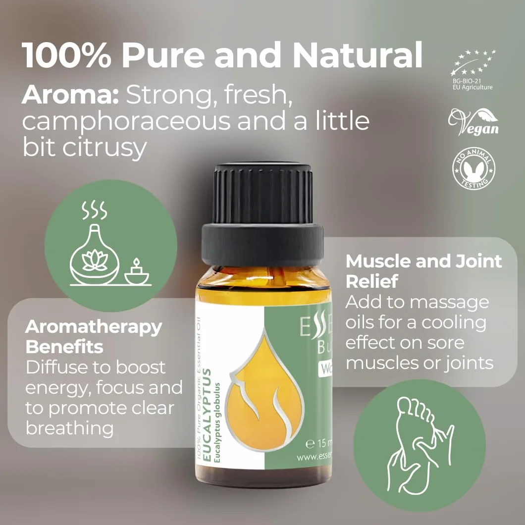 Organiczny Olejek Eukaliptusowy 15 ml Eucalyptus globulus 100% Czysty Naturalny Nierozcieńczony Klasa Terapeutyczna Aromaterapia