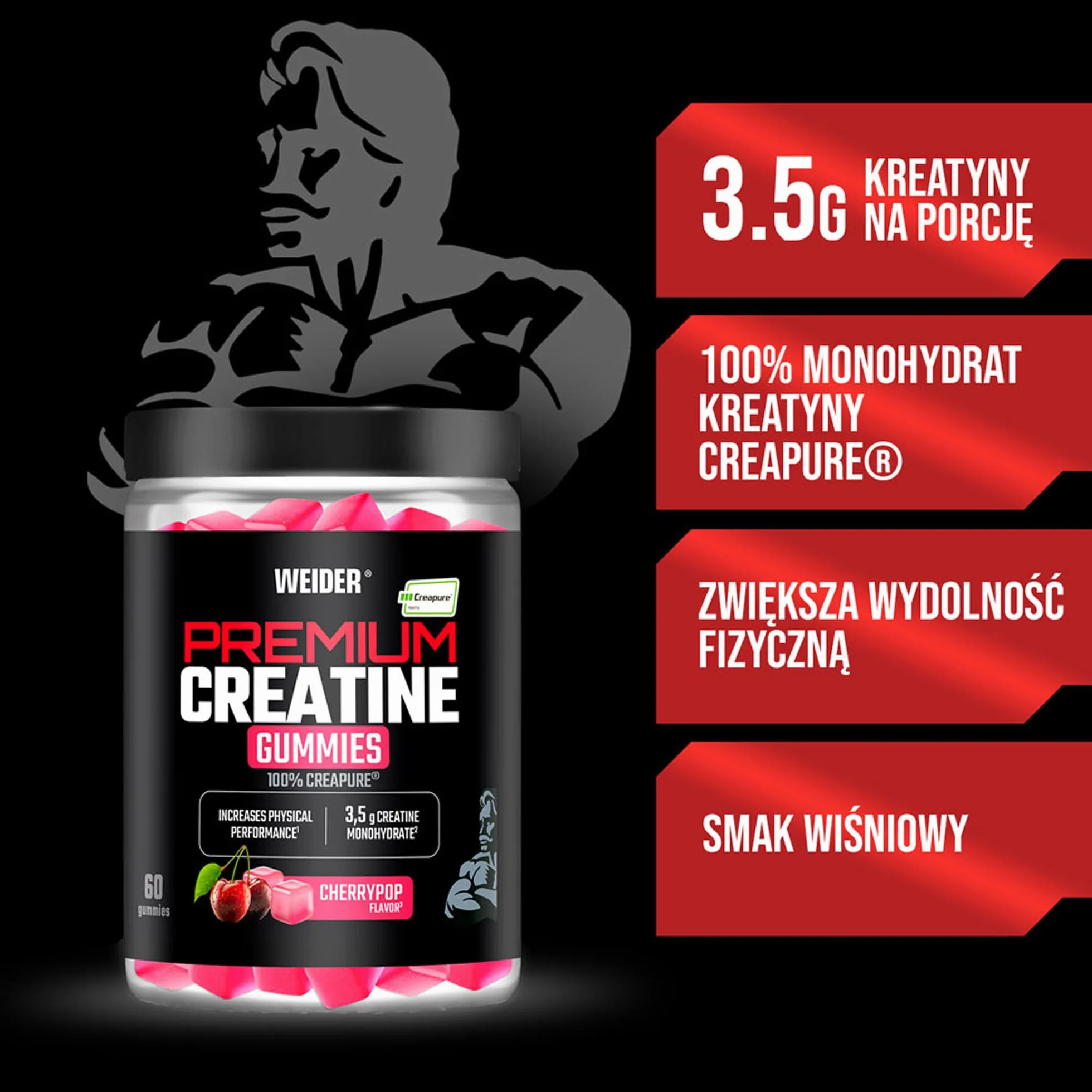 Weider Premium Creatine Gummies (60 żelek) o smaku wiśni, zawierające 3,5 g kreatyny monohydrat 100% Creapure na porcję, wspierają zwiększenie wydolności fizycznej (20 porcji)