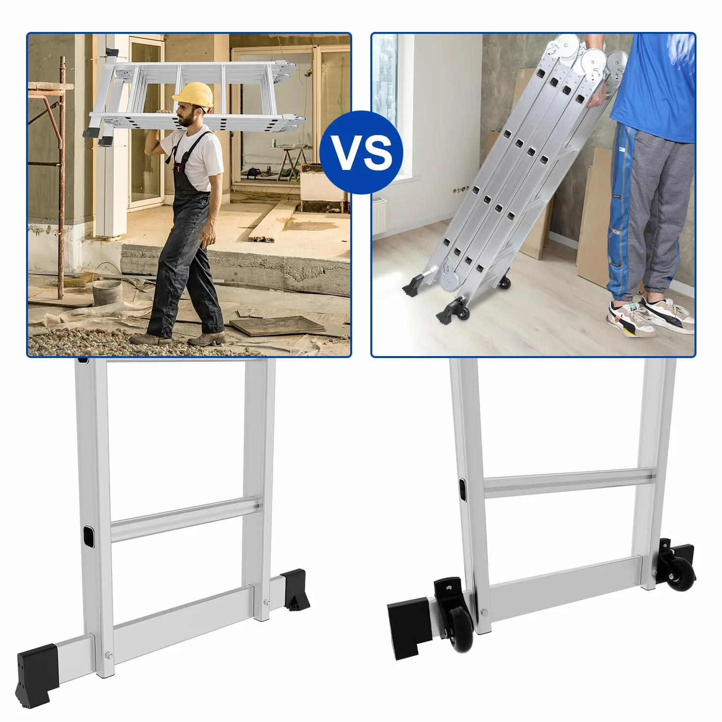 Sonnewelt Aluminiowa drabina wielofunkcyjna 6 w 1, 5,8 m, 4 x 5 stopni z platformą | 5,8 m aluminiowa drabina 6 w 1 do 150 kg, z platformą, kółkami, antypoślizgowymi nóżkami i blokadą bezpieczeństwa