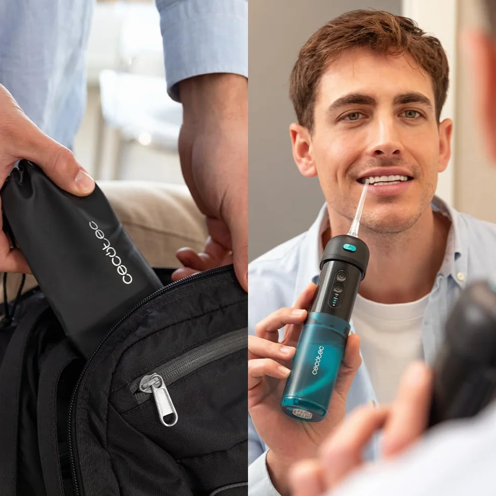 Cecotec Irygator dentystyczny Port Toothcare Jet Splash. Kompaktowy i lekki irygator podróżny z 3 trybami i do 8 intensywności, pojemność 150 ml i 2 wymienne dysze, IPX7, wodoodporny