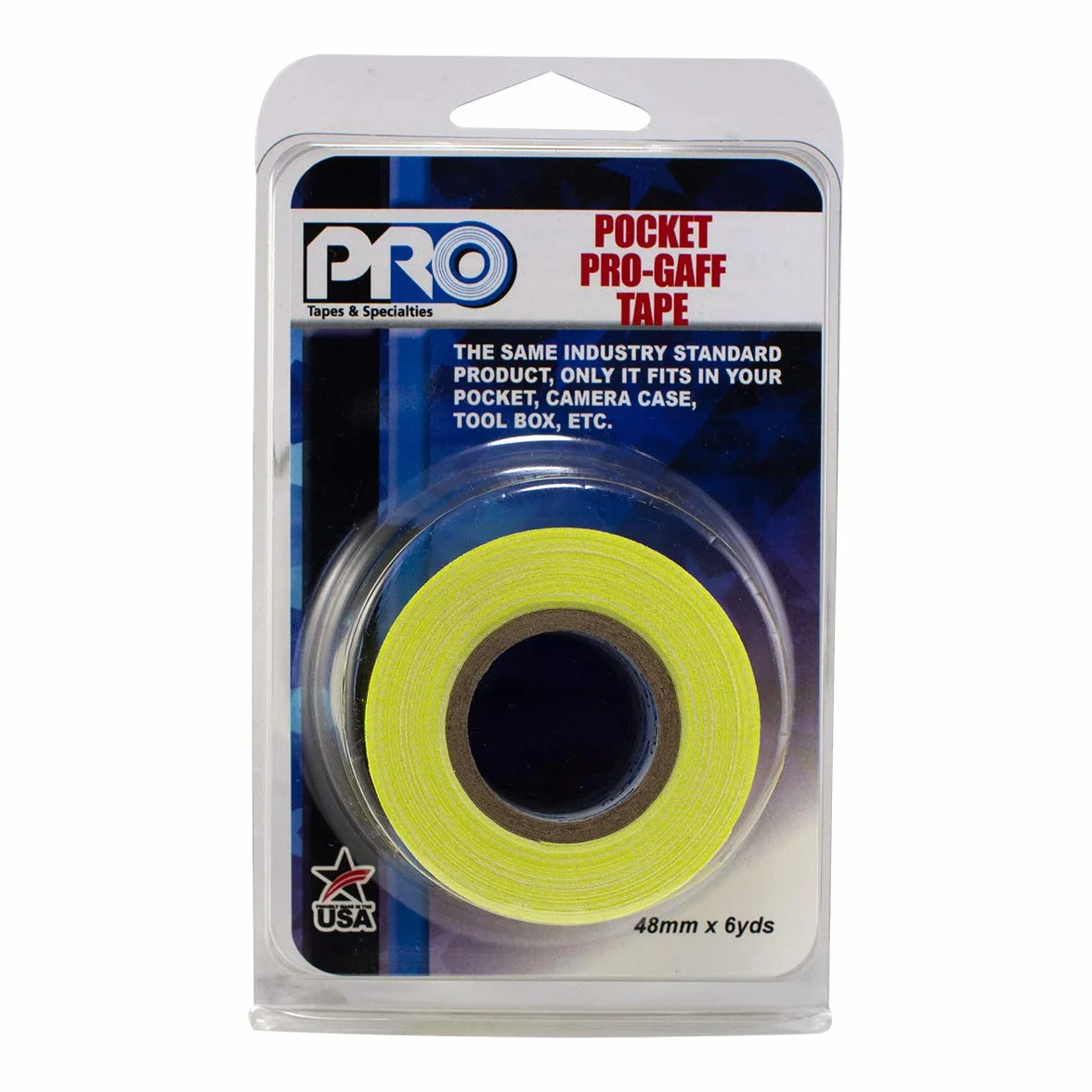 Pro Tapes Pocket Gaff Tape 5 cm (48 mm) x 6 metrów długości fluorescencyjna żółta matowa. Rozmiar kieszonkowy taśma Gaffers Tape. Wyprodukowano w USA. Trzyma się ciasno, łatwa do usunięcia.