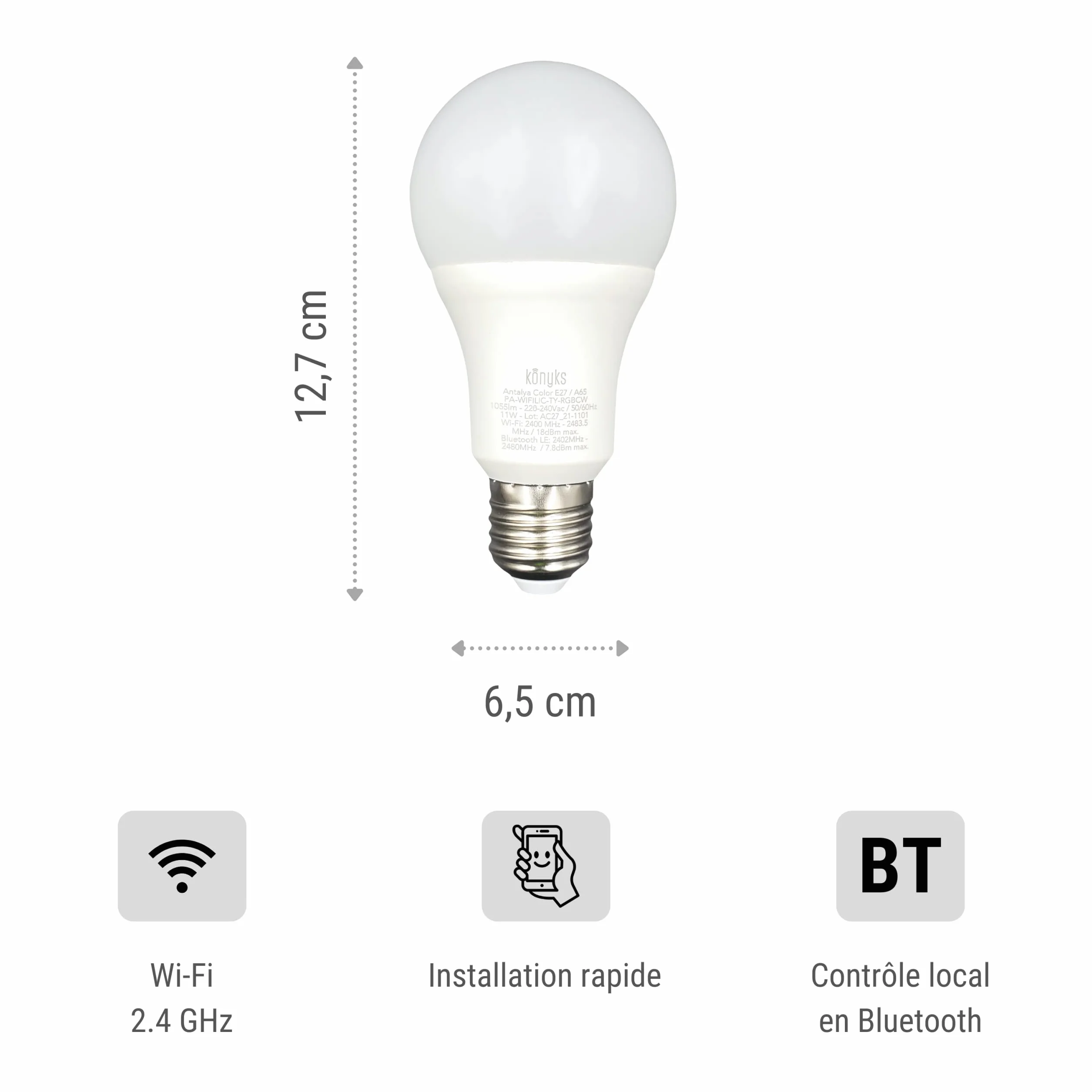 Konyks Antalya Color E27 - LED WiFI + BT, 1055 lumenów, 11 W, kolory + regulowany biały, kompatybilny z Alexa lub Google Home, łatwa automatyzacja