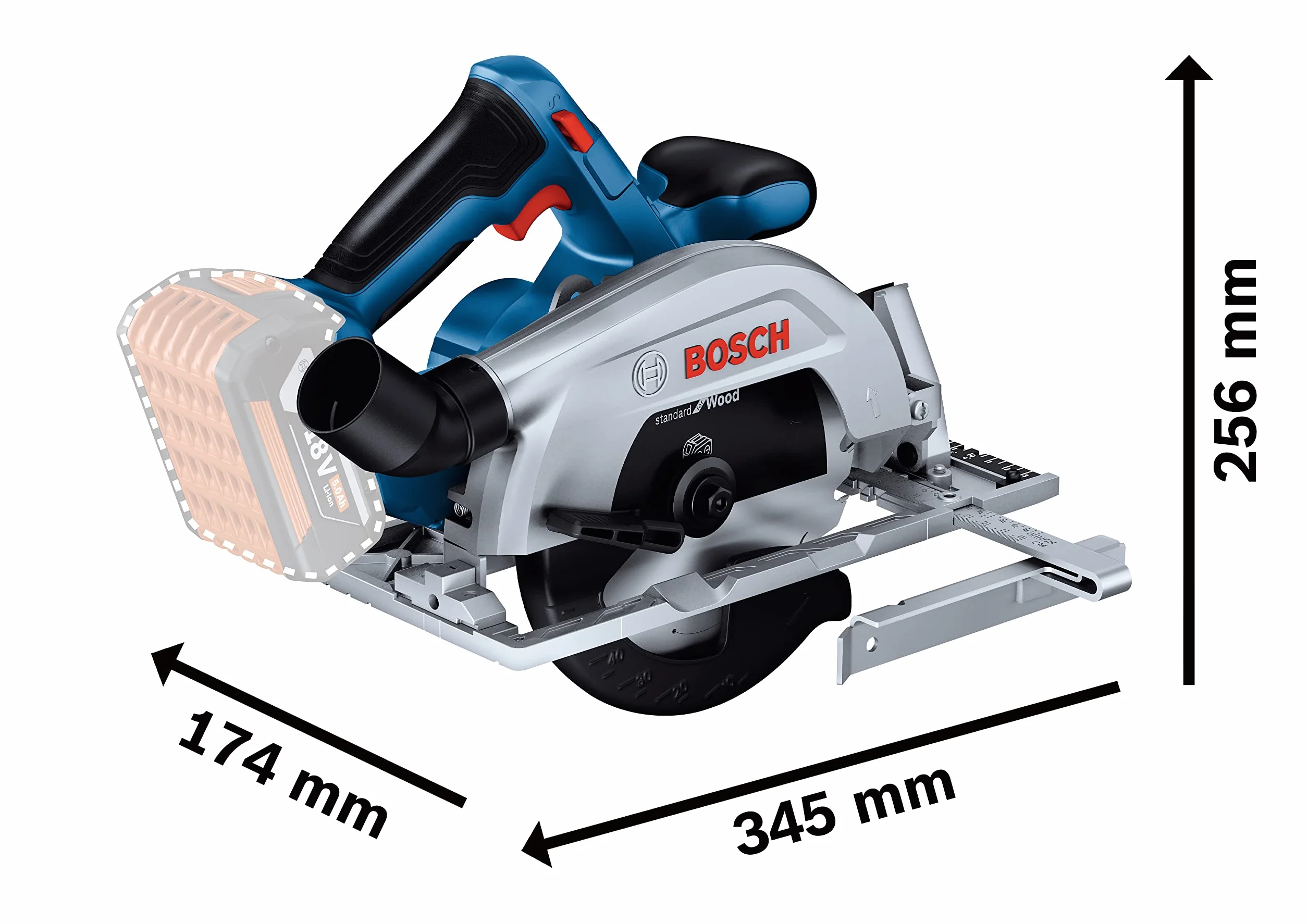 Bosch Professional system 18V: akumulatorowa pilarka tarczowa GKS 185-LI (1 prowadnica równoległa, 1 tarcza pilarska, prędkość obrotowa bez obciążenia 5.000 min-1)