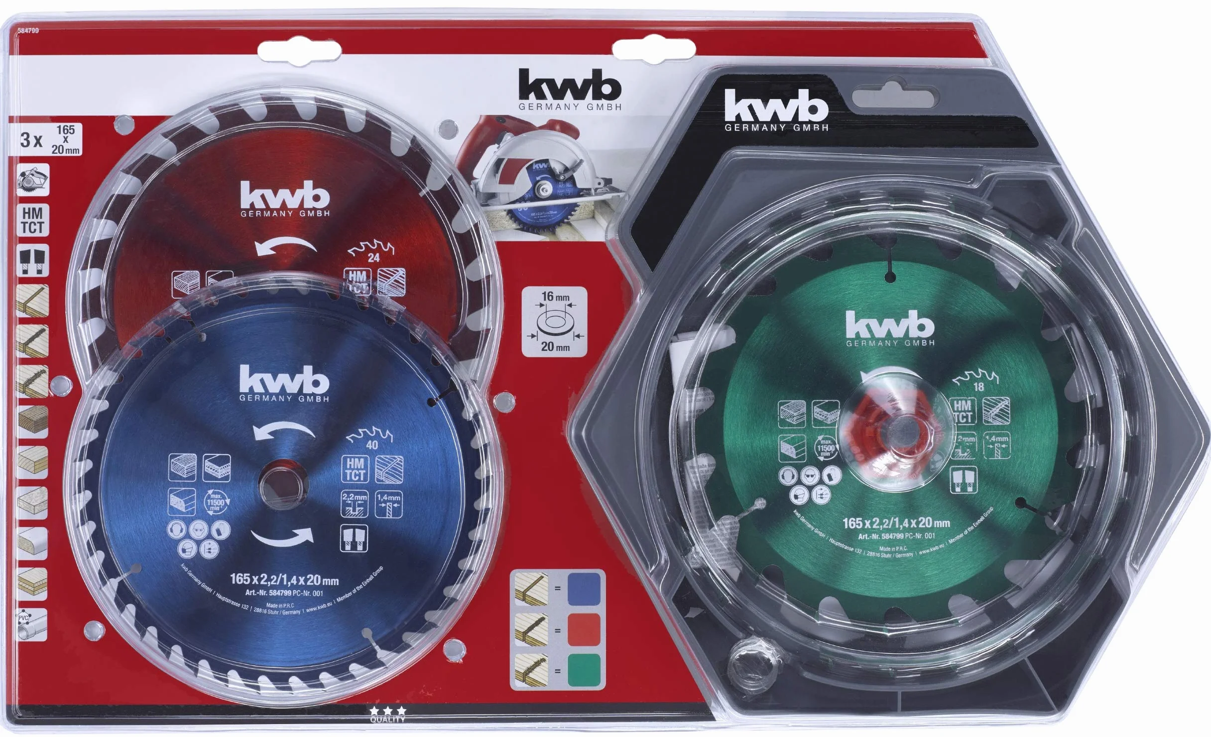 kwb Zestaw brzeszczotów tarczowych 165 x 20/16 mm, do precyzyjnego cięcia materiałów płytowych i drewna, 3-częściowy zestaw z pierścieniami redukcyjnymi, idealne wyposażenie do pił ręcznych i ukośnych