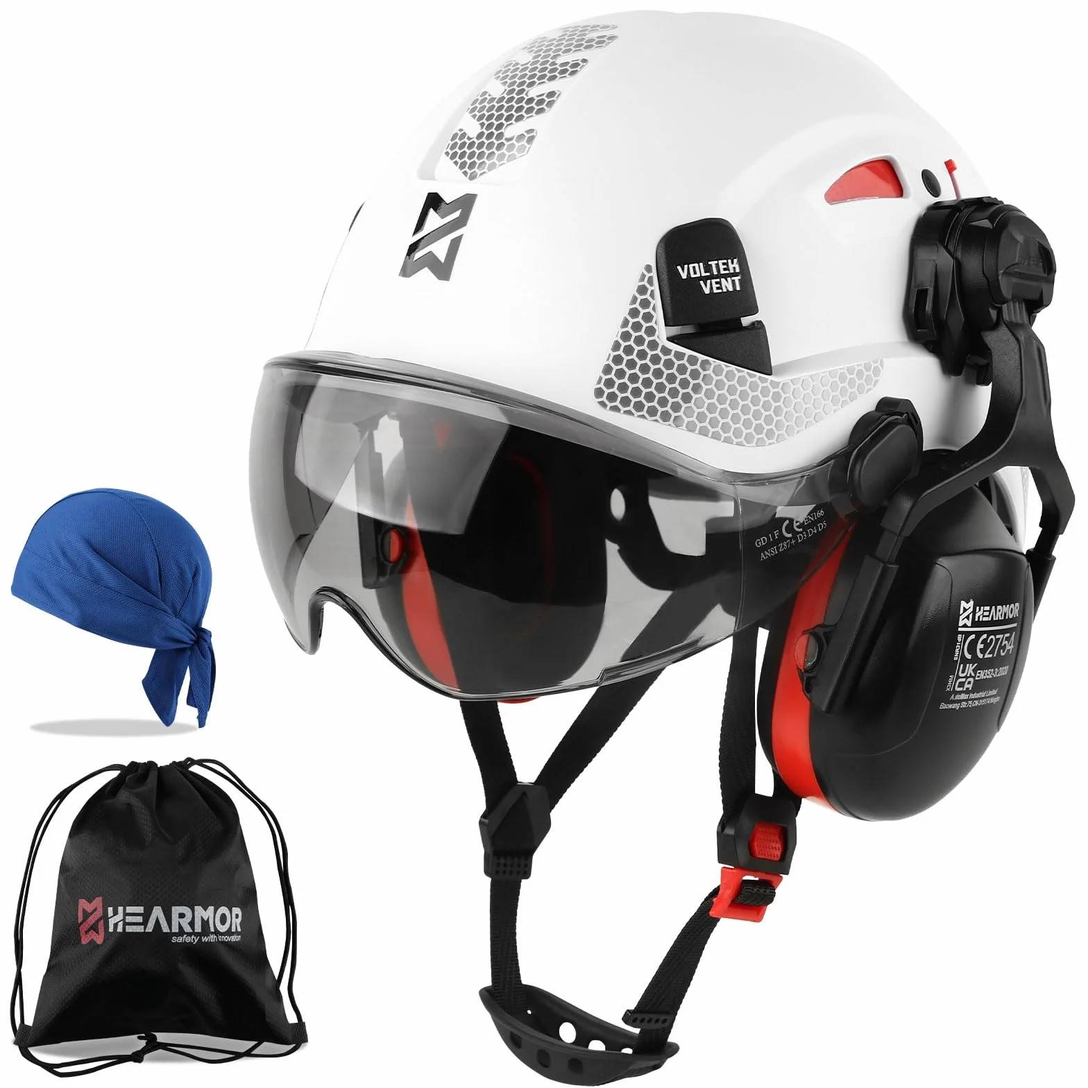 HEARMOR Kask ochronny 3 w 1 z ochroną słuchu i wizjerem, kask roboczy z certyfikatem EN 397 do prac leśnych, budowlanych i wspinaczkowych, łącznie z przenośną torbą i chłodzącą wkładką do kasku