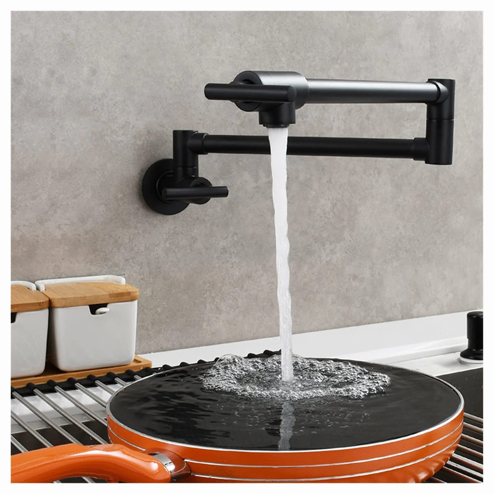 Elastyczny kran Obrotowy, Wall Single Cold Faucet Kitchen Folding Łazienka Vrity Double Switch Rotary Pralnia(Nero)