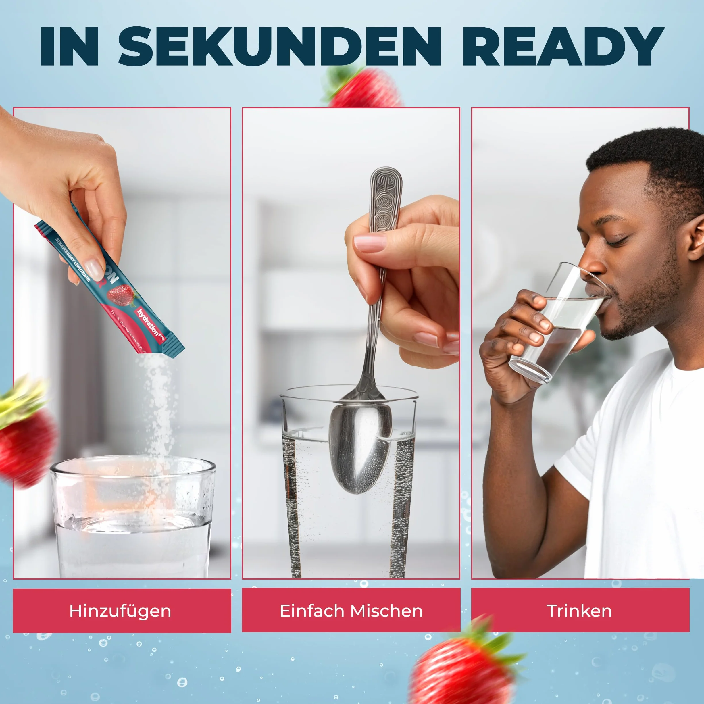 Proszek elektrolitowy - 30 saszetek z 9 witaminami i składnikami odżywczymi, Elektrolity - wegański i wyprodukowany w Niemczech - smak truskawkowy HydrationPro®