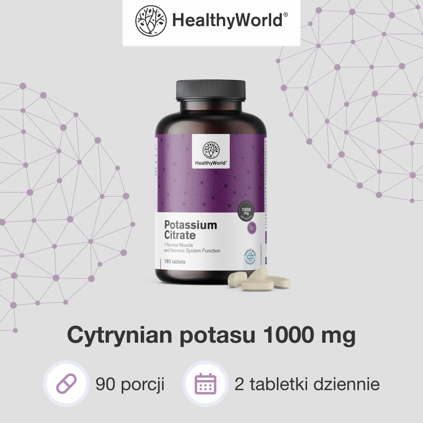 HealthyWorld Cytrynian potasu – 1000 mg w dziennej porcji – 180 tabletek – Optymalne stężenie – Wsparcie dla mięśni, układu nerwowego i ciśnienia krwi – Bez GMO – Zapas na 3 miesiące
