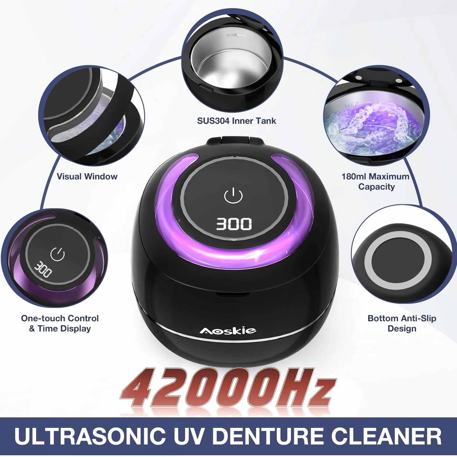 Aoskie 42kHz/30W Ultrasoniczny oczyszczacz do protez zębowych, alignerów, ochraniacz na usta, biżuteria, główka szczoteczki do zębów, ultradźwiękowe urządzenie czyszczące 180ML Przenośne urządzenie