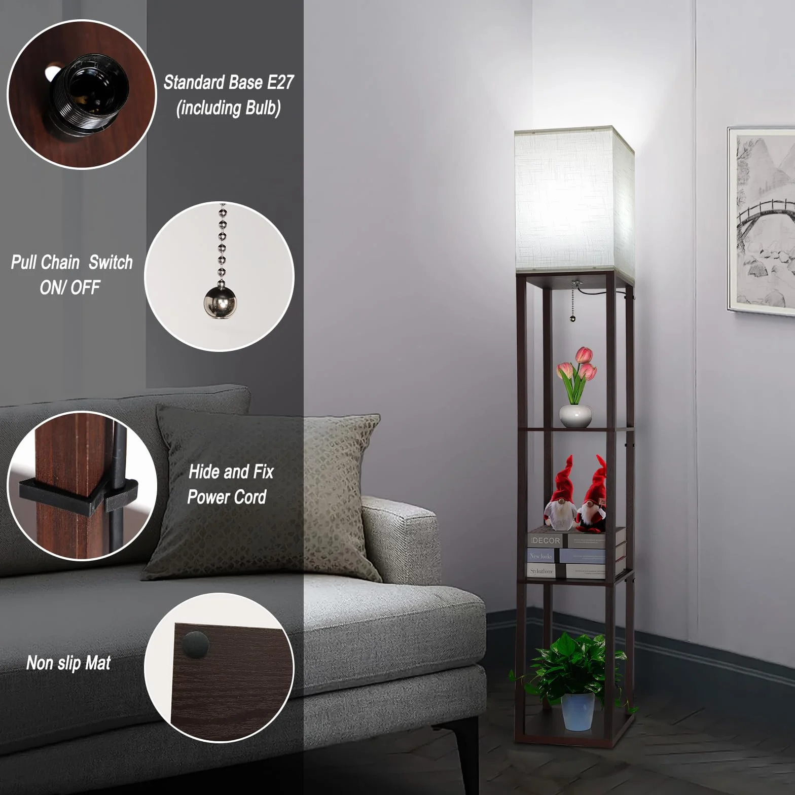 Lampa stojąca LED z drewna, brązowa lampa stojąca z regałem, lampa stojąca z żarówką, 3 temperatury barwowe, retro, lampka nocna z abażurami i oprawą E27, do salonu, biura, korytarza, narożnika