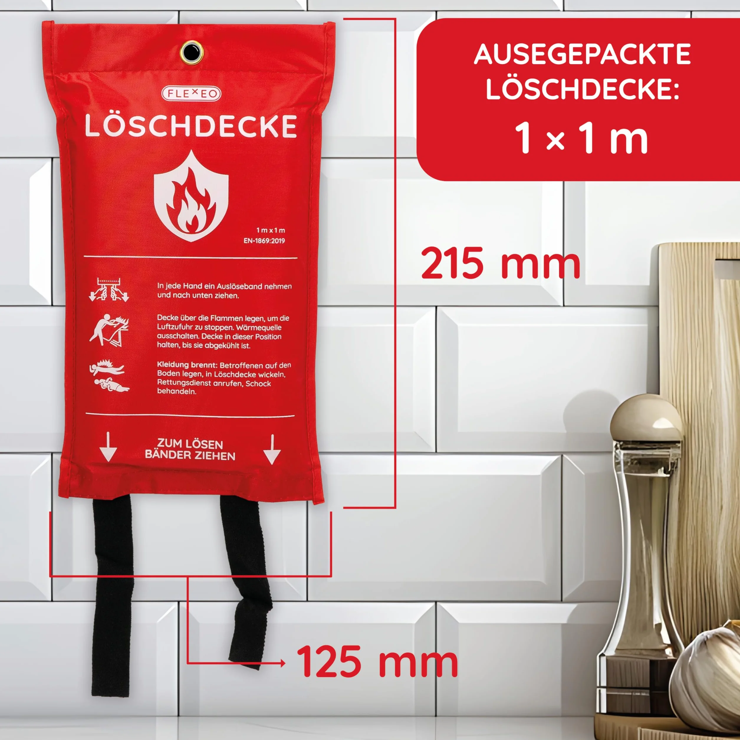 FLEXEO Koc gaśniczy DIN EN 1869:2019 – 1 x 1 m – koc gaśniczy do kuchni – koc przeciwpożarowy do pożaru tłuszczu – koc ognioodporny, koc ognioodporny