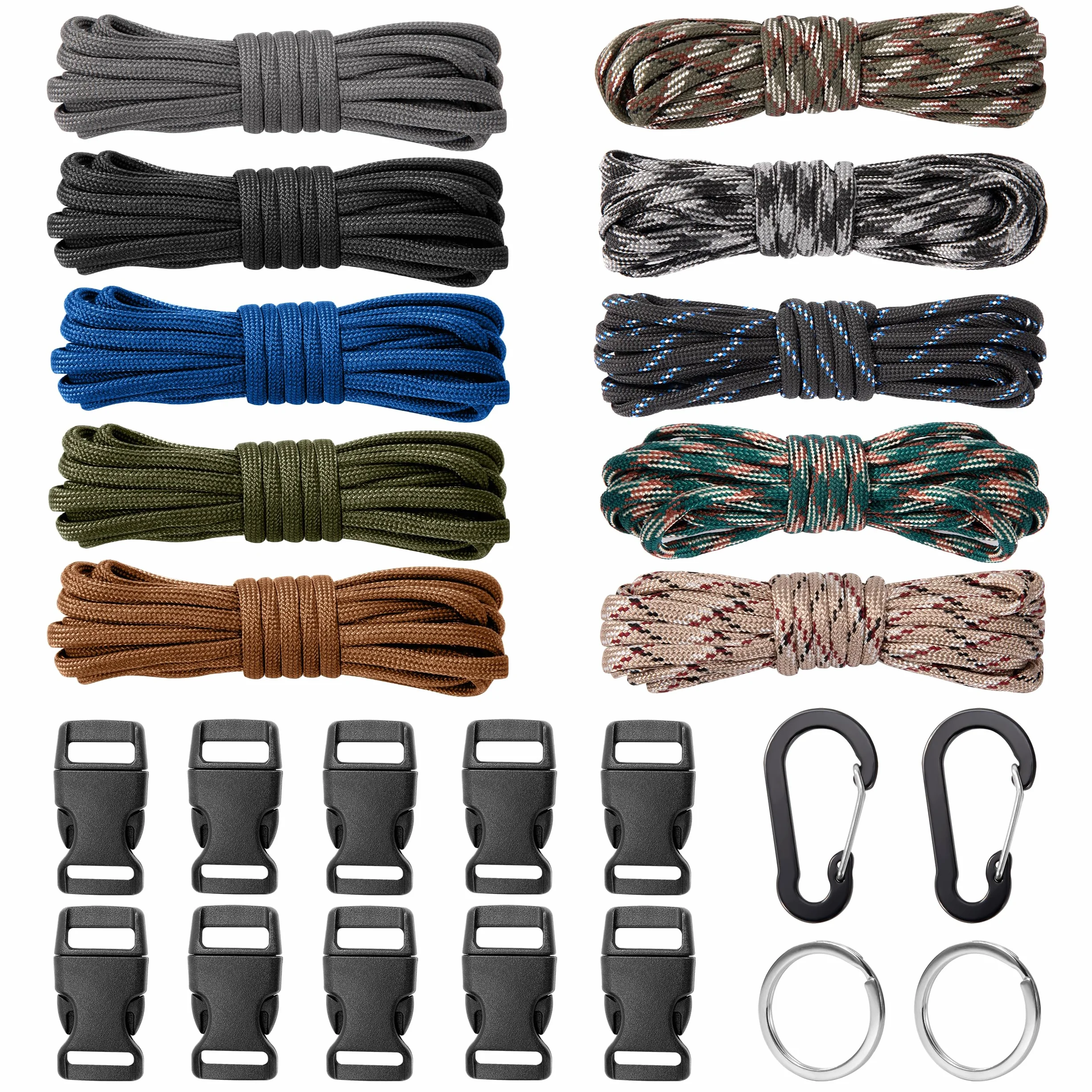 Zestaw Paracord, linka paracord, linka survivalowa typu "zrób to sam", linka spadochronowa, zestaw do rękodzieła z 10 klamrami odblokowującymi, 2 karabińczykami, 2 kółkami na klucze