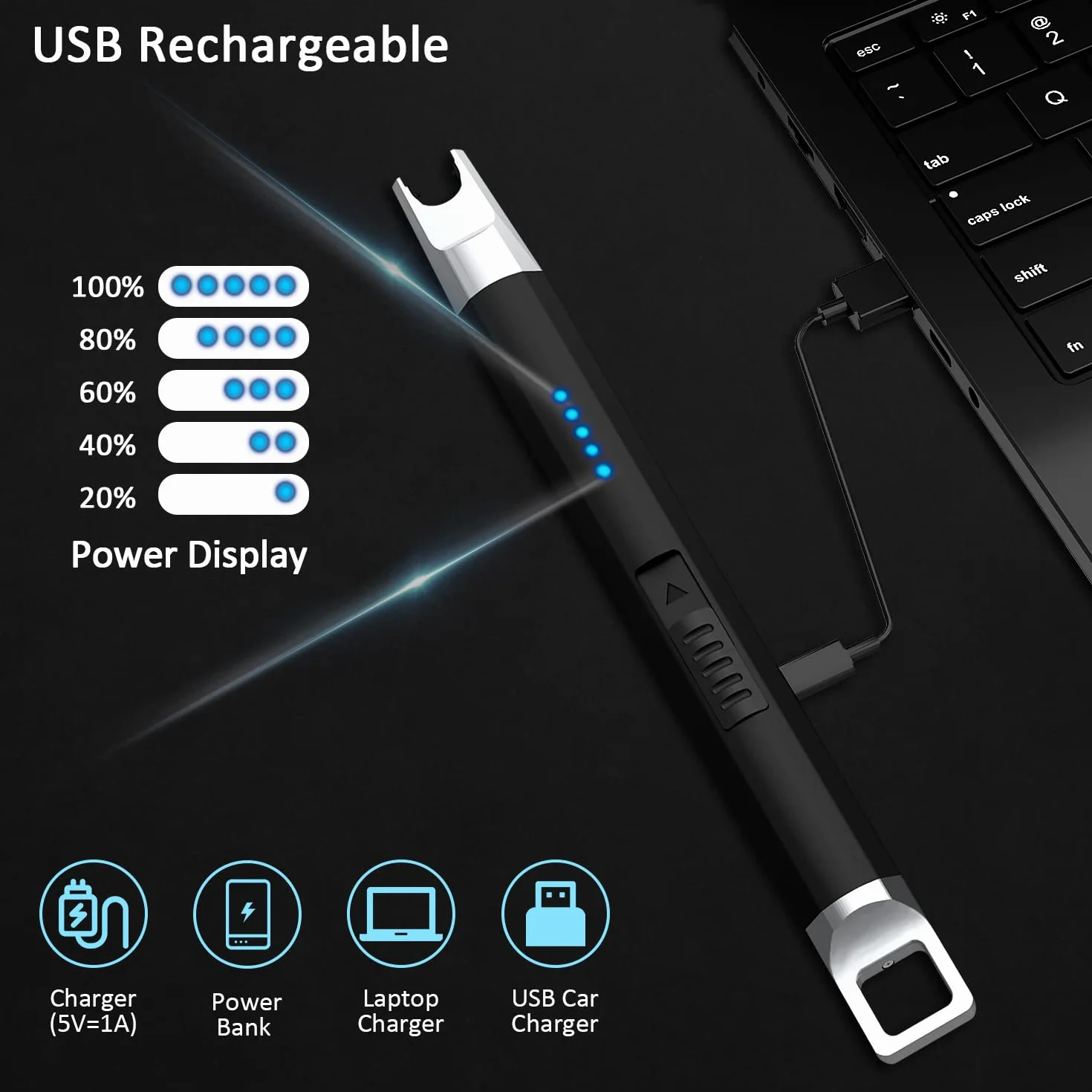 Zapalniczka łukowa, odporna na wiatr, bezpłomieniowa, ładowana, USB, z oświetleniem LED, do świec, grilla kempingowego, czarna