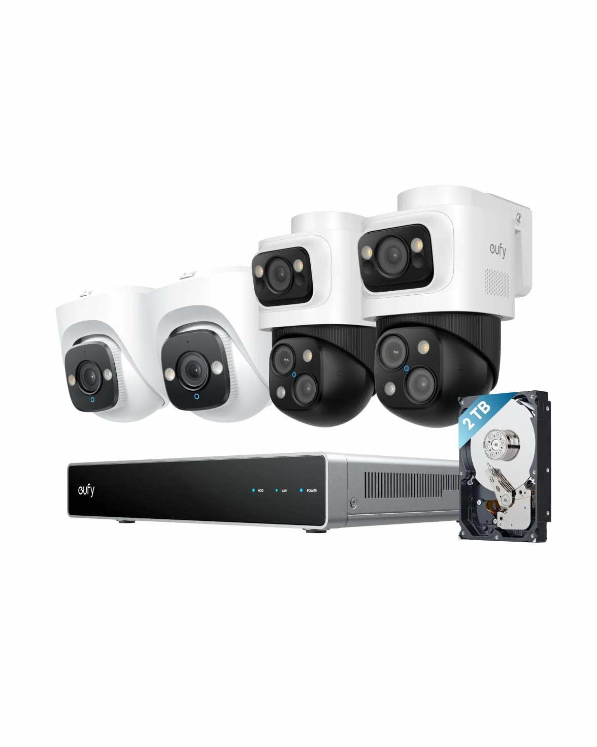 System bezpieczeństwa eufy PoE NVR S4, 2 kamery PTZ typu Bullet, 2 kamery Turrent, PTZ 360°, automatyczne kadrowanie i śledzenie AI, inteligentne wyszukiwanie wideo, kolorowy noktowizor, stroboskop