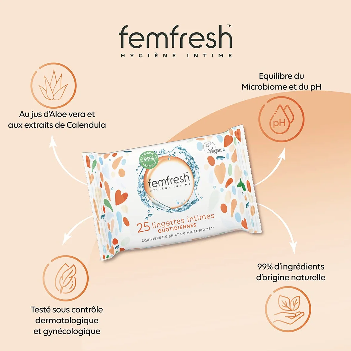Femfresh Codzienne chusteczki intymne aloes i nagietek 25 sztuk