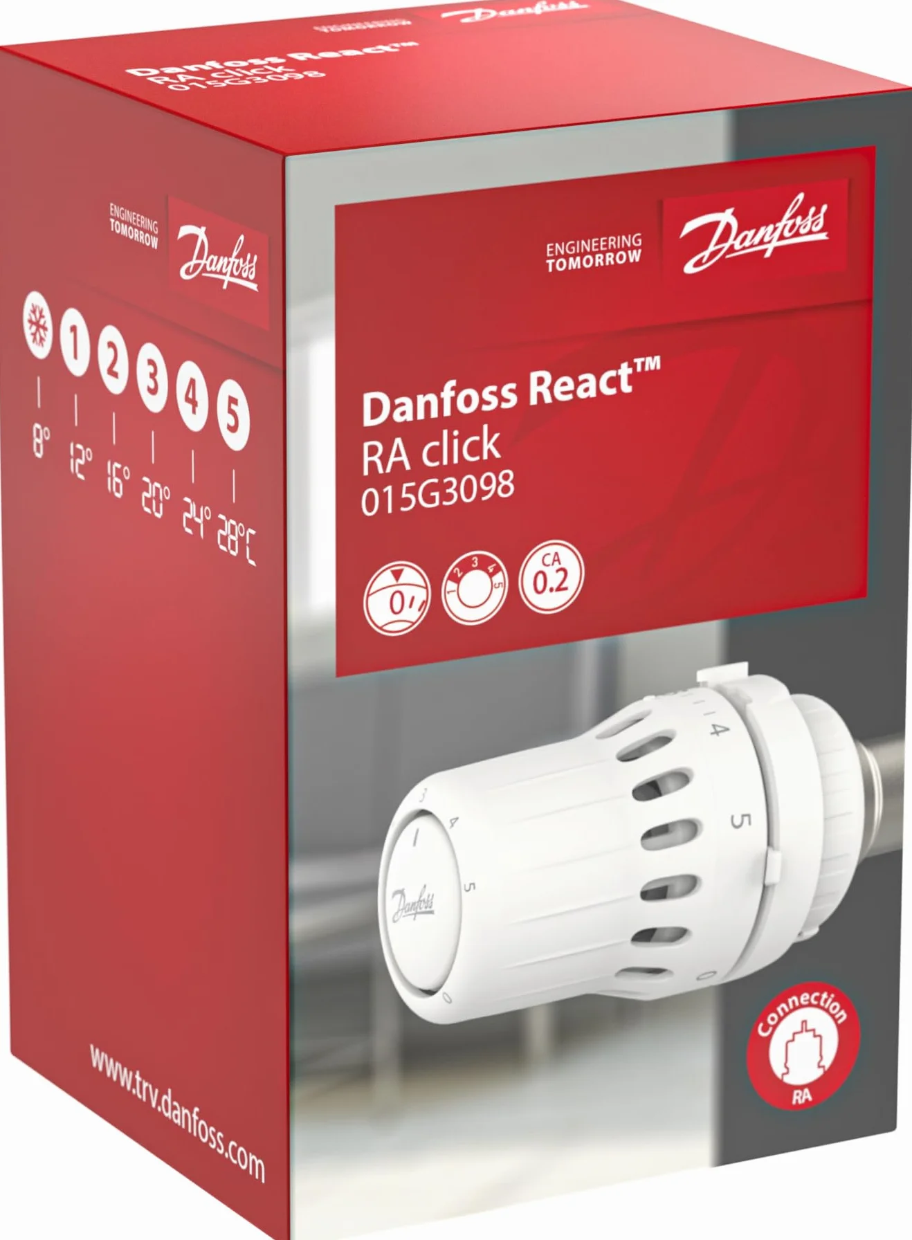 Danfoss React RA click, termostatyczny zawór chłodnicy z termostatycznym mieszkiem wypełnionym płynem i wbudowanym czujnikiem, 015G3098
