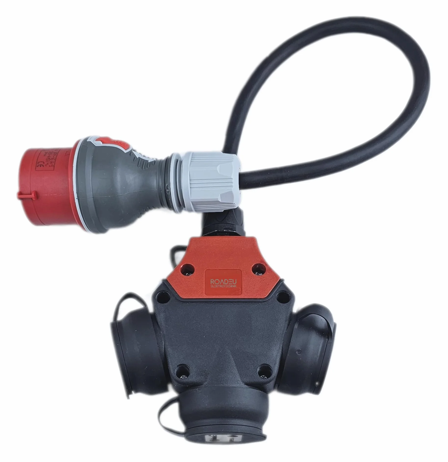 RoadEu Adapter przemysłowy przedłużający 0,5 m, adapter CEE 16A 380V do 220V z 3 gniazdami 230 V, przewód gumowy 5 x 2,5 mm², idealny do garażu, szopy lub fabryki