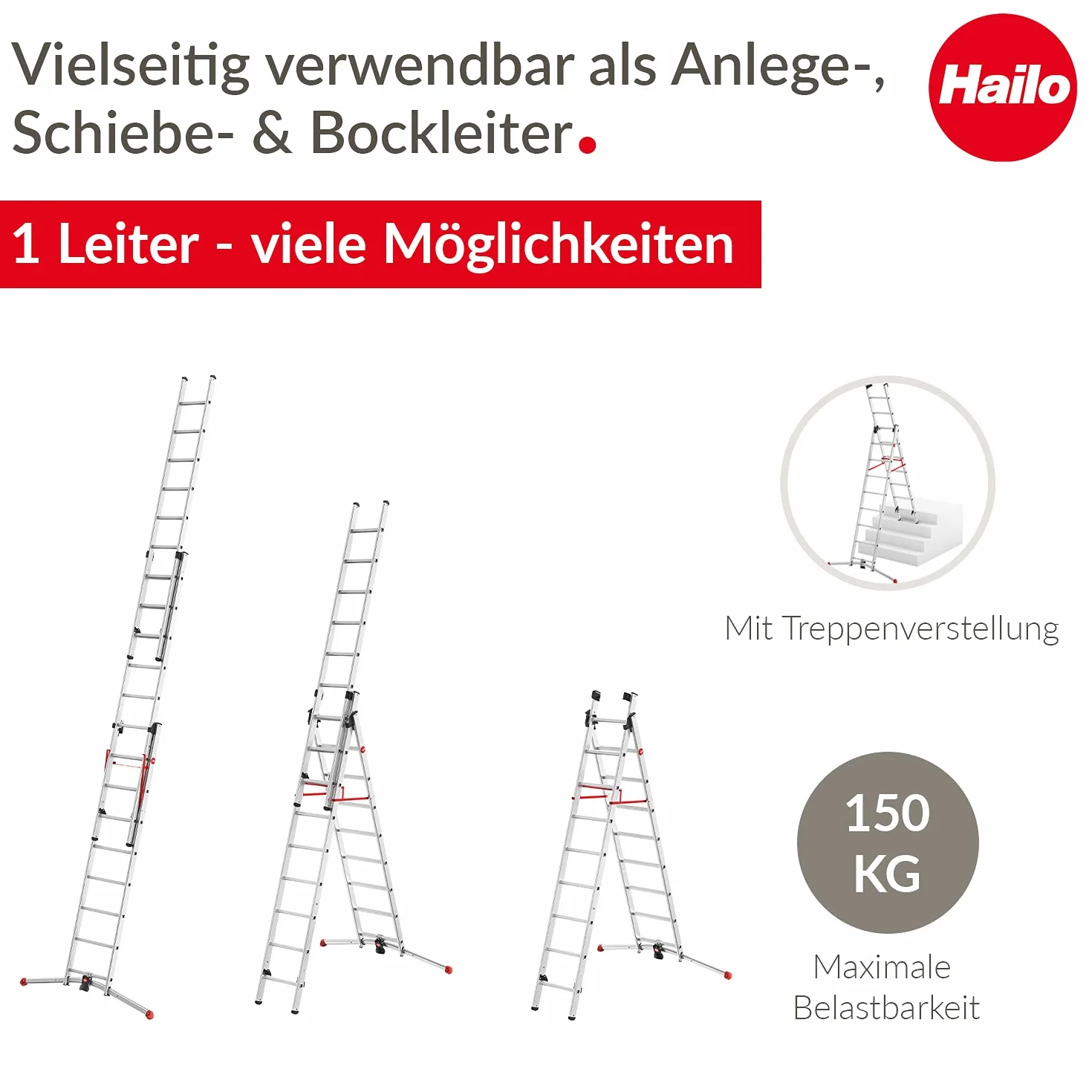 Hailo S100 ProfiLOT, aluminiowa drabina kombi z systemem LOT, 2 x 9 + 1 x 8 szczebli, system LOT, regulacja schodów, do 150 kg, srebrna, Made in Germany, 9309-507