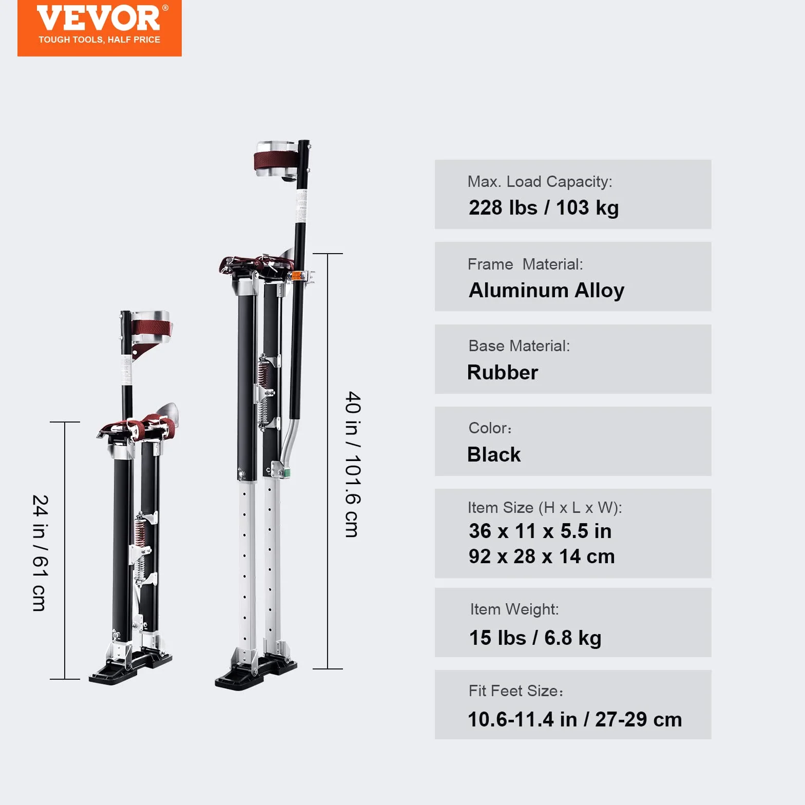 VEVOR Regulowane szczudła do suchej zabudowy 61-101,6 cm Szczudła ze stopu aluminium Obciążenie 103 kg Stopy 27-29 cm Ochronne nakolanniki do malowania Dekoracja domu Sufit Czarny
