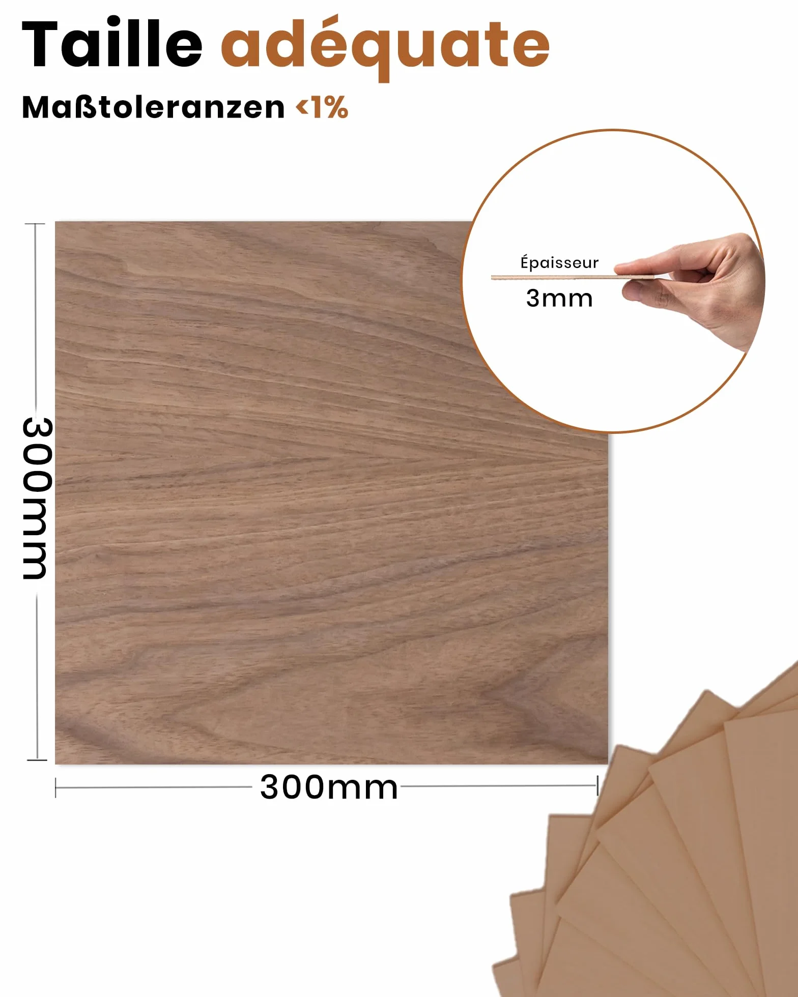 ROWOOD Płyta ze sklejki 3 mm, 300 x 300 mm, 10 sztuk, orzech włoski, przycięte na wymiar, do modelarstwa, cięcia laserowego, grawerowania, wypalania, malowania, CNC