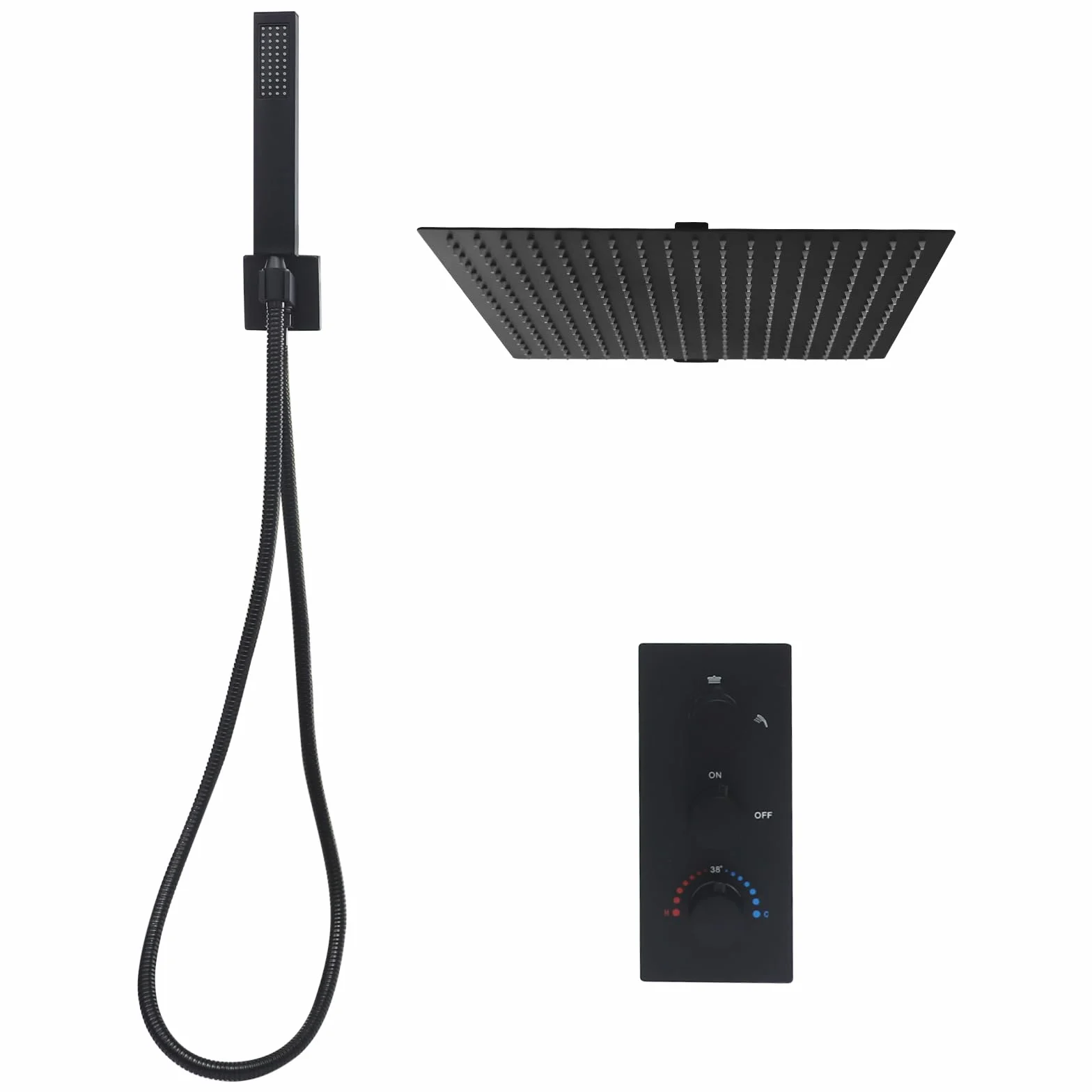 OUKANING Podtynkowy system prysznicowy z termostatem, 40 cm, kwadratowy deszczownica, wbudowany w ścianę zestaw prysznicowy ze stali nierdzewnej i mosiądzu, armatura do łazienki/prysznica w zestawie