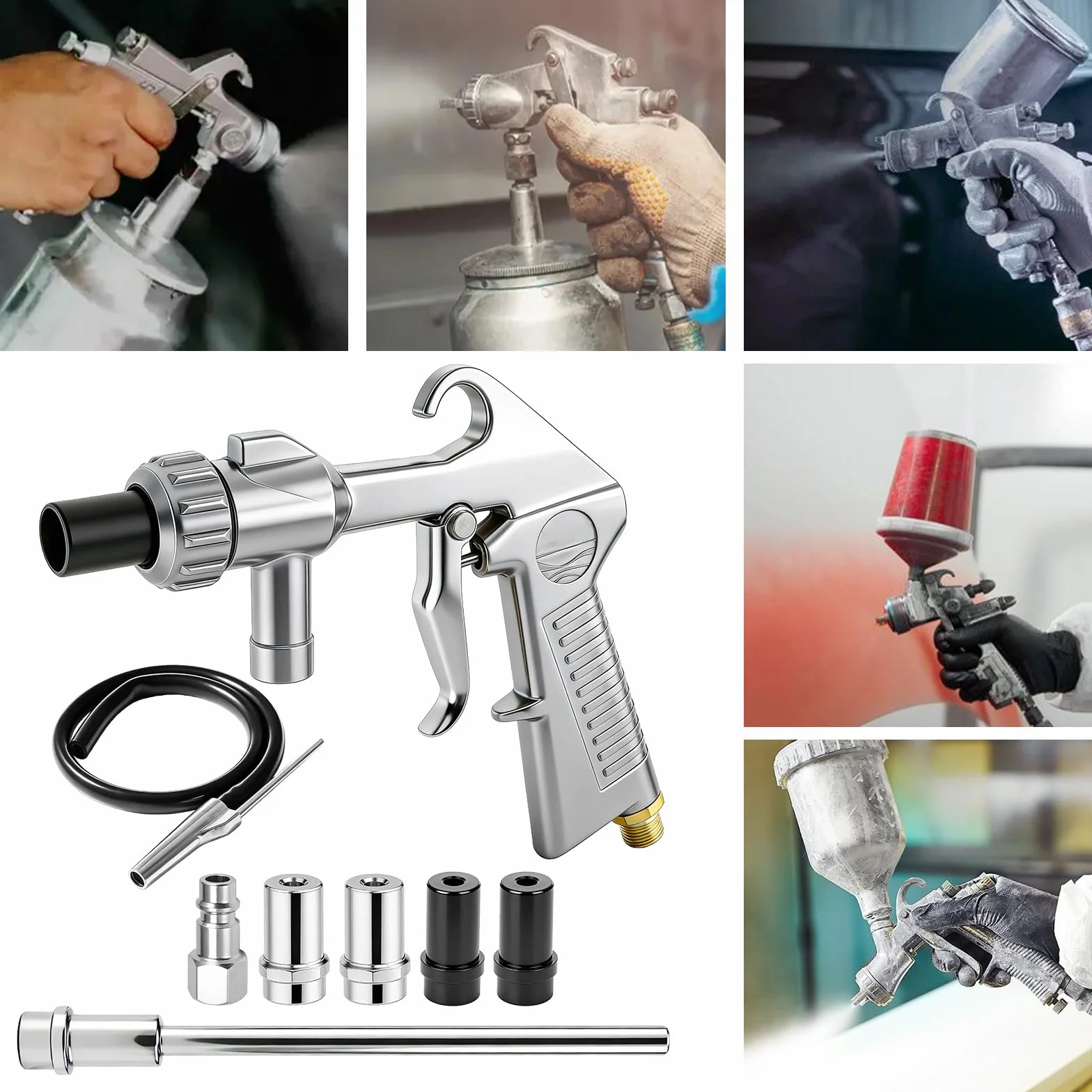 Zestaw pistoletu do piaskowania na sprężone powietrze z długą dyszą do piaskowania i metalowymi dyszami kalibru 5MM/6MM, zestaw do piaskowania z zasilaniem syfonowym o długości 1M gumowego węża i