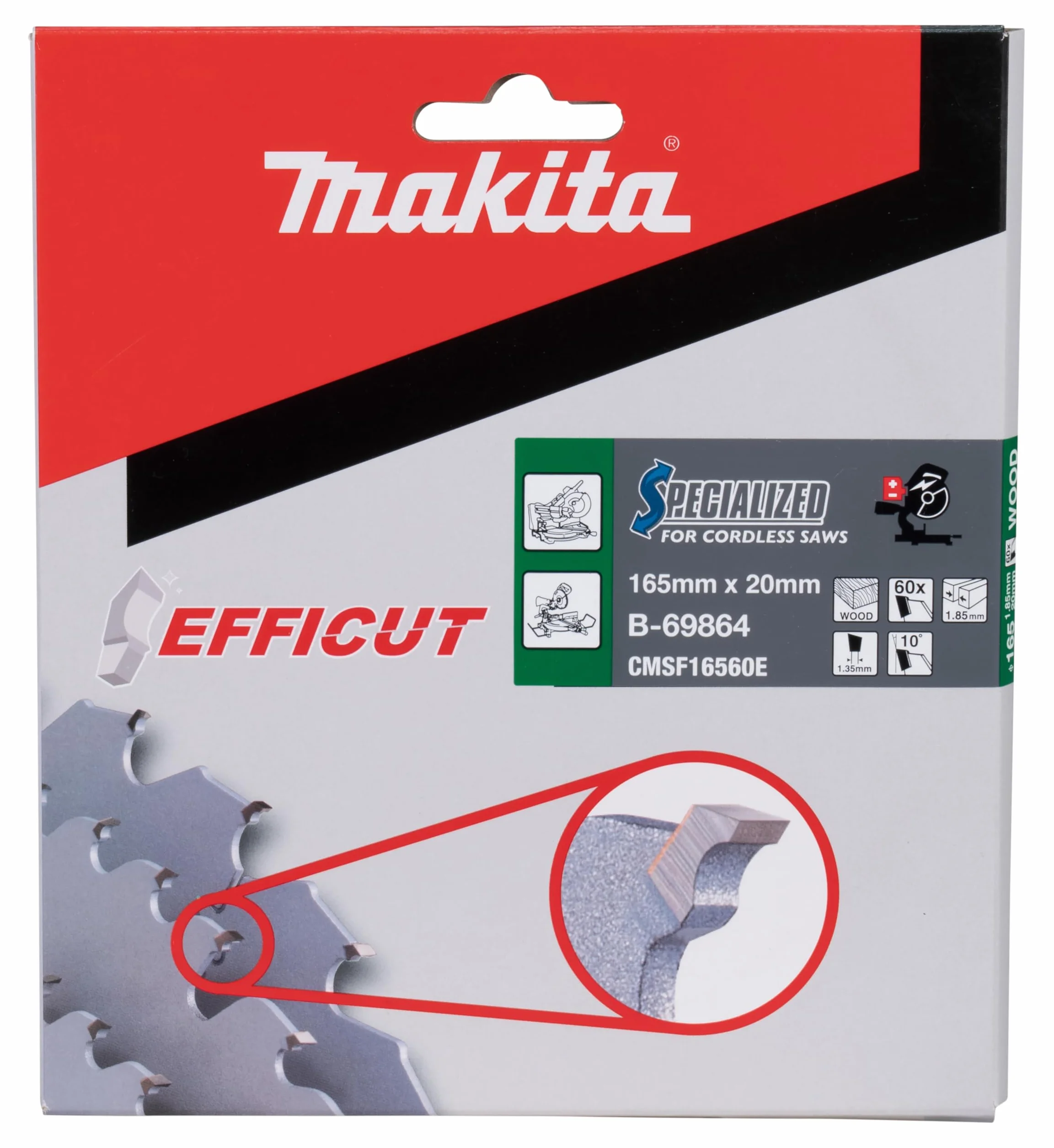 Makita B-69864 EFFICUT brzeszczot do piły tarczowej Ø 165 x 1,85 x 20 mm, 60 zębów, kąt zębów 10°, do czystych i szybkich cięć w drewnie, do akumulatorowych pił nasadowych i ukośnych