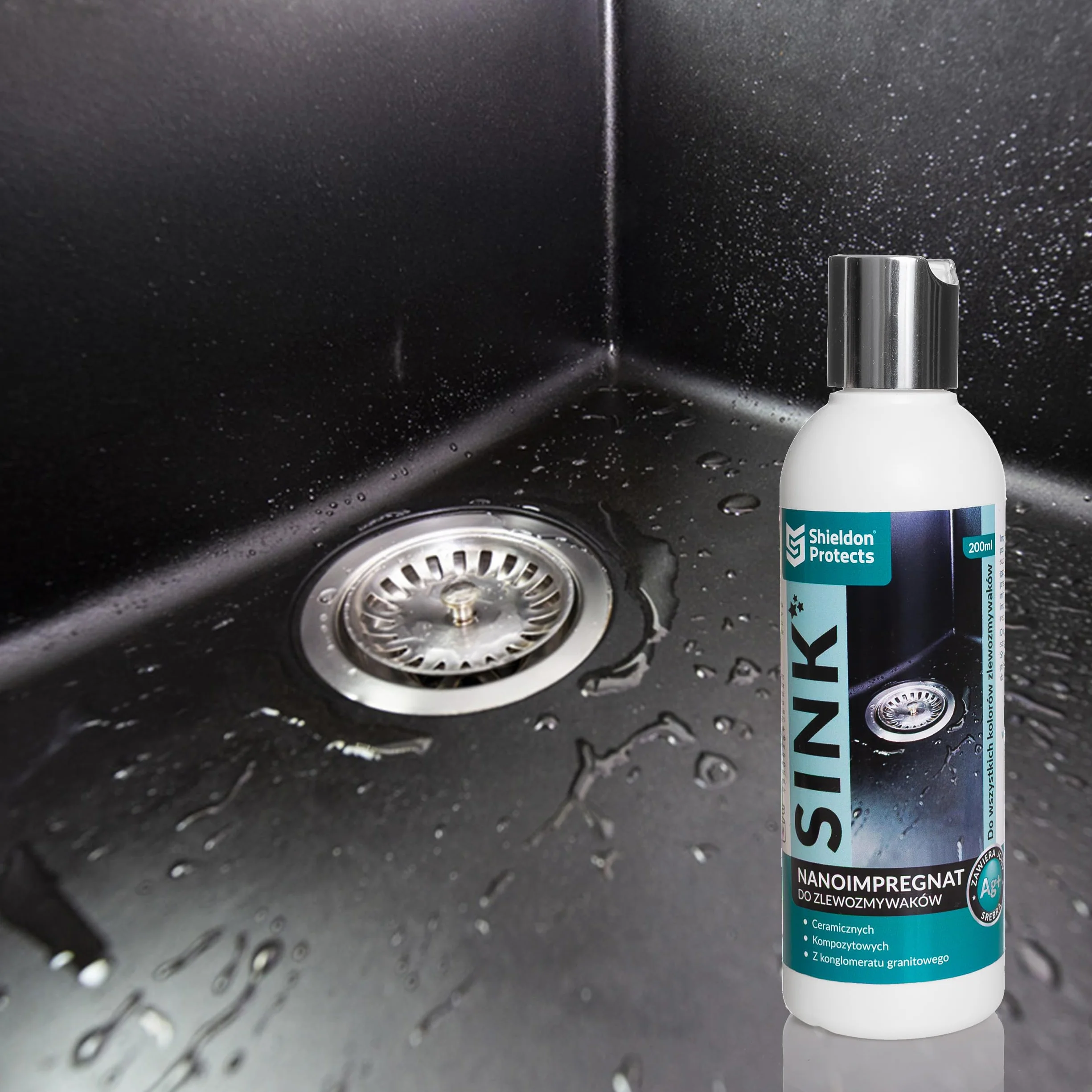 Shieldon Protects SINK – profesjonalny impregnat do zlewu granitowego i zlewozmywaków kompozytowych - powłoka hydrofobowa chroni przed tłuszczem, plamami i kamieniem, wzmacnia kolor i połysk – 200 ml