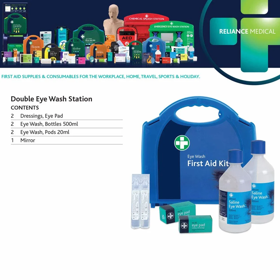 Reliance Medical Zestaw do mycia oczu pierwszej pomocy – 2 x 500 ml butelki do płukania oczu z lustrem, 2 x sterylne kapsułki z solą fizjologiczną 20 ml, krople do oczu i podkładek pod oczy