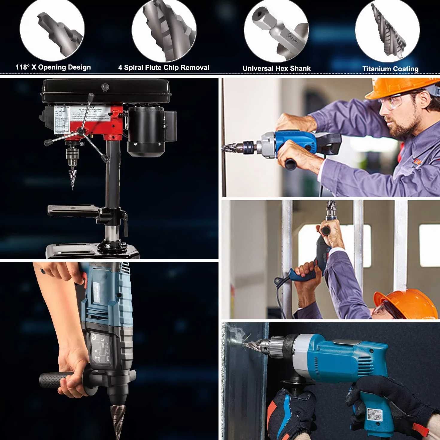 3-częściowy zestaw wierteł stopniowych HSS ze stali szybkotnącej (4-12 mm, 4-20 mm i 4-32 mm) Cone Drill bity do otworów do blachy do drewna i stali nierdzewnej (4-flet New)