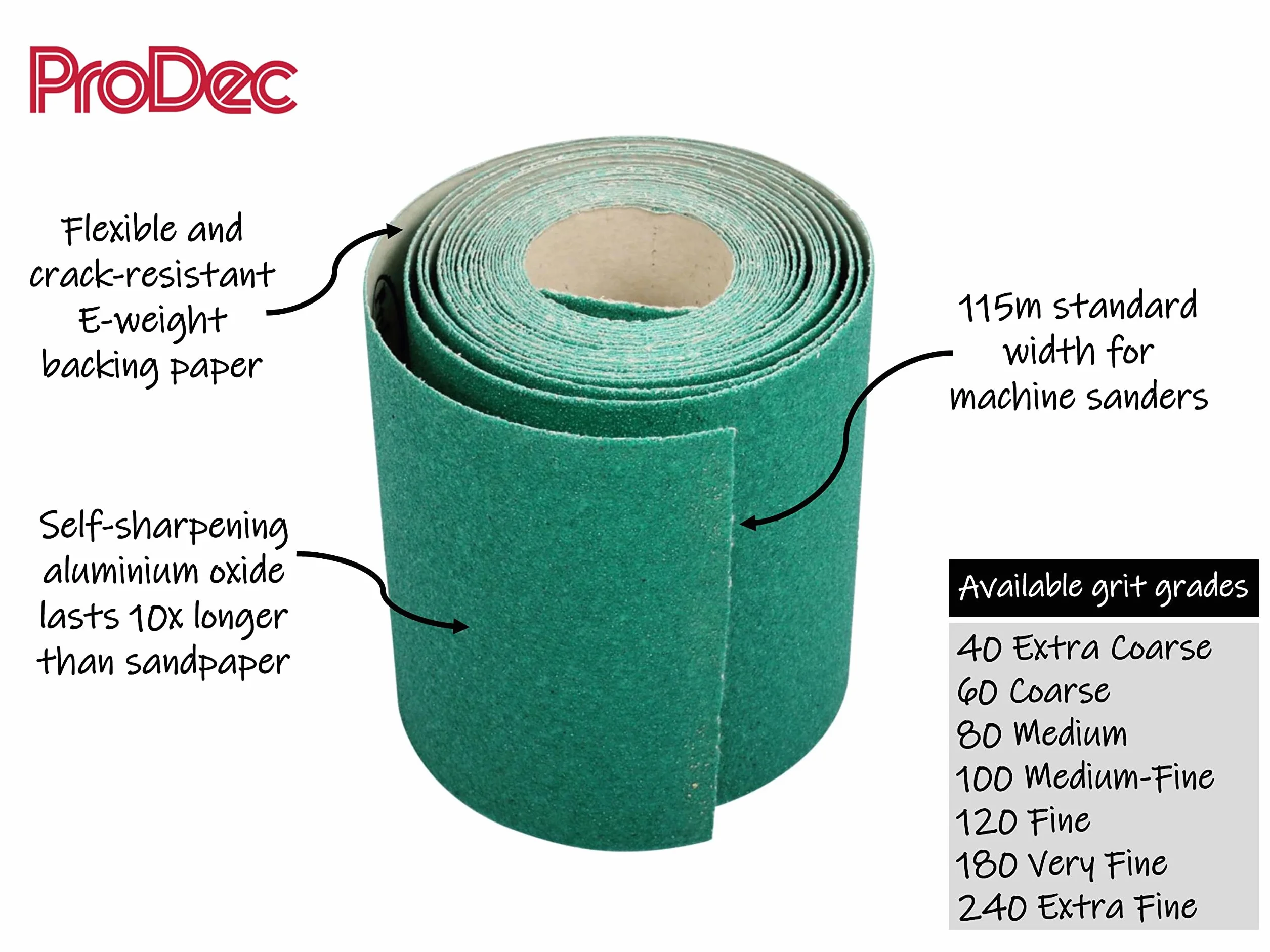 ProDec 5 m rolka 240 g bardzo drobnego papieru ściernego z zielonego tlenku glinu do szlifowania drewna, farby, tynku, szpachli, metalu i innych materiałów, szerokość 115 mm