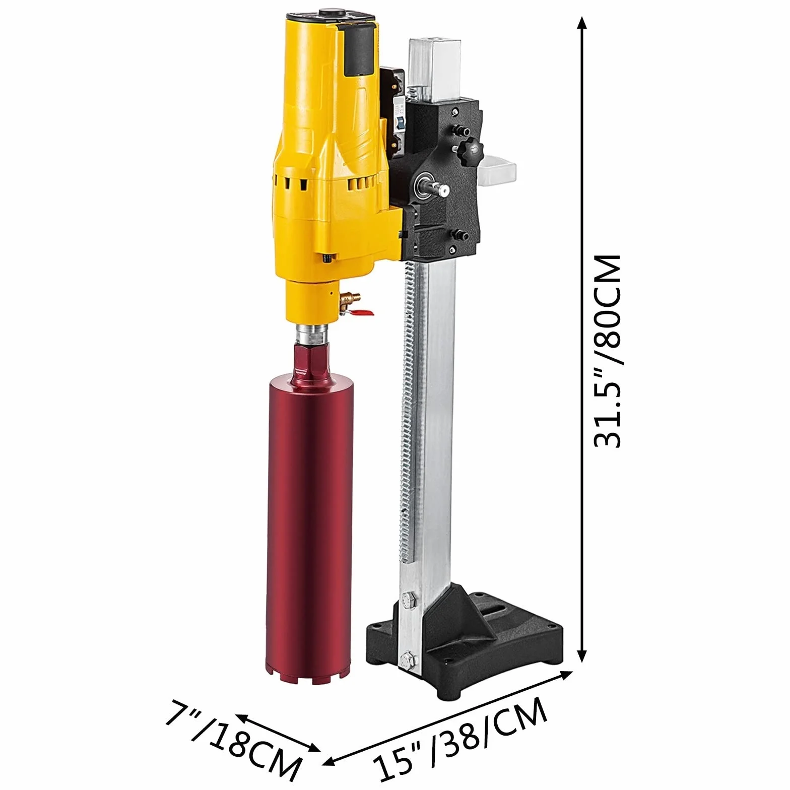 Wiertnica diamentowa 205 mm, 3980 W, ręczna wiertarka do betonu na mokro i sucho, z wiertłami i kluczem do montażu rur. Ergonomiczny uchwyt.