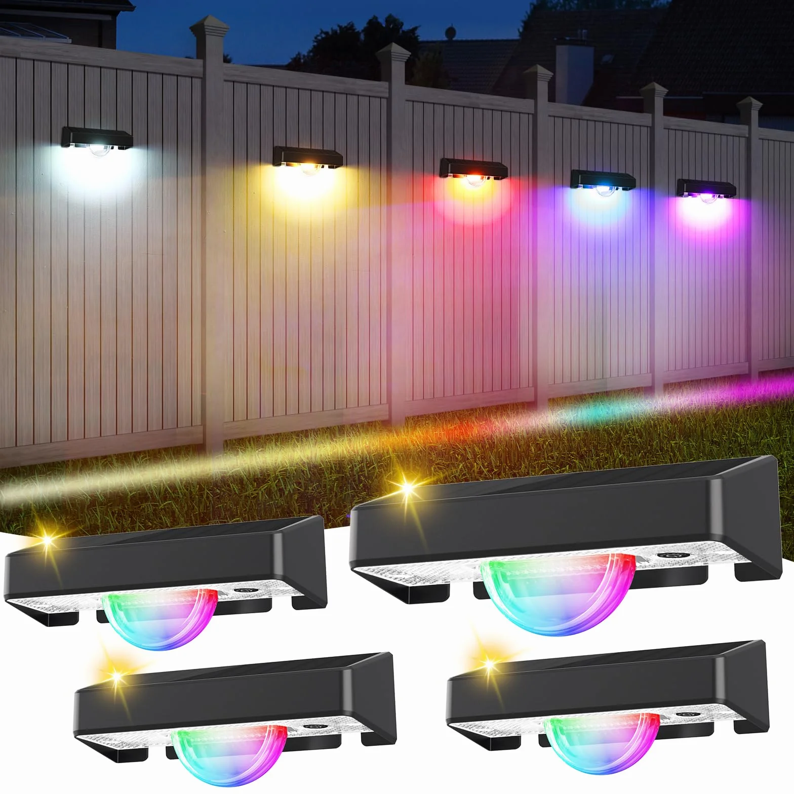 Quntis Solarna lampa ścienna zewnętrzna z efektem wiązki światła, 4 sztuki, 11 trybów świecenia (ciepła biel i zmiana kolorów RGB), IP44, wodoszczelne solarne oświetlenie ogrodzenia, do użytku na
