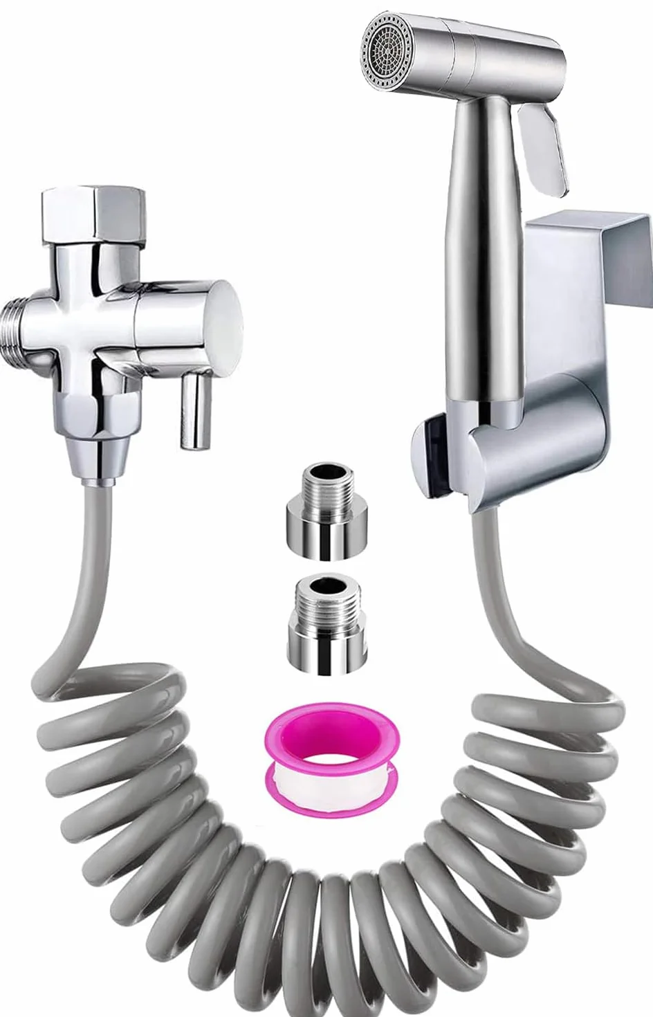 Bidet, ręczny spryskiwacz toaletowy, podwójny tryb (Jet/Stream), do prysznica, łazienki, higieniczny, do czyszczenia pieluch, z wężem sprężynowym G1/2" i zaworem G3/8"