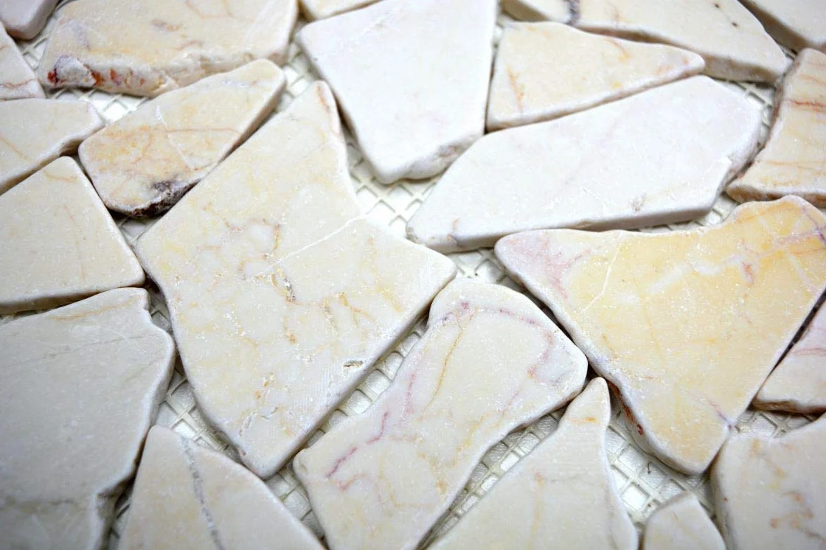 Mosaik-Netzwerk Płytki mozaikowe pęknięcie/Ciot złoty kremowy polerowany ze strukturą marmuru kamień naturalny kuchnia, format kamienia mozaikowego: 15-69x8 mm, rozmiar arkusza: 305x305 mm, 1 łuk/mata