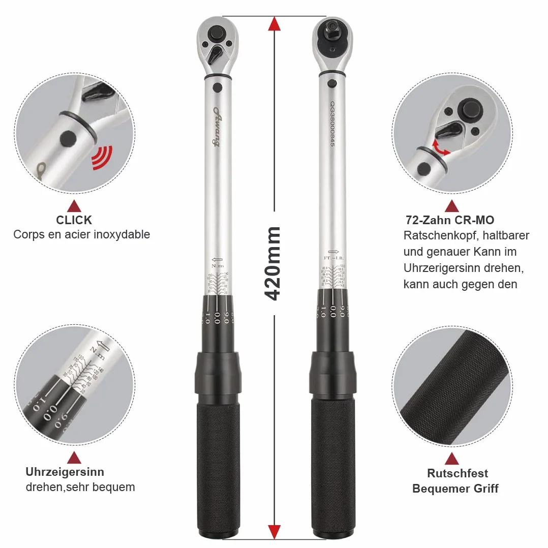 Awang Klucz dynamometryczny 3/8", 20-140 Nm do samochodu, motocykla, roweru, dokładność błędu ±3%, 72 zęby