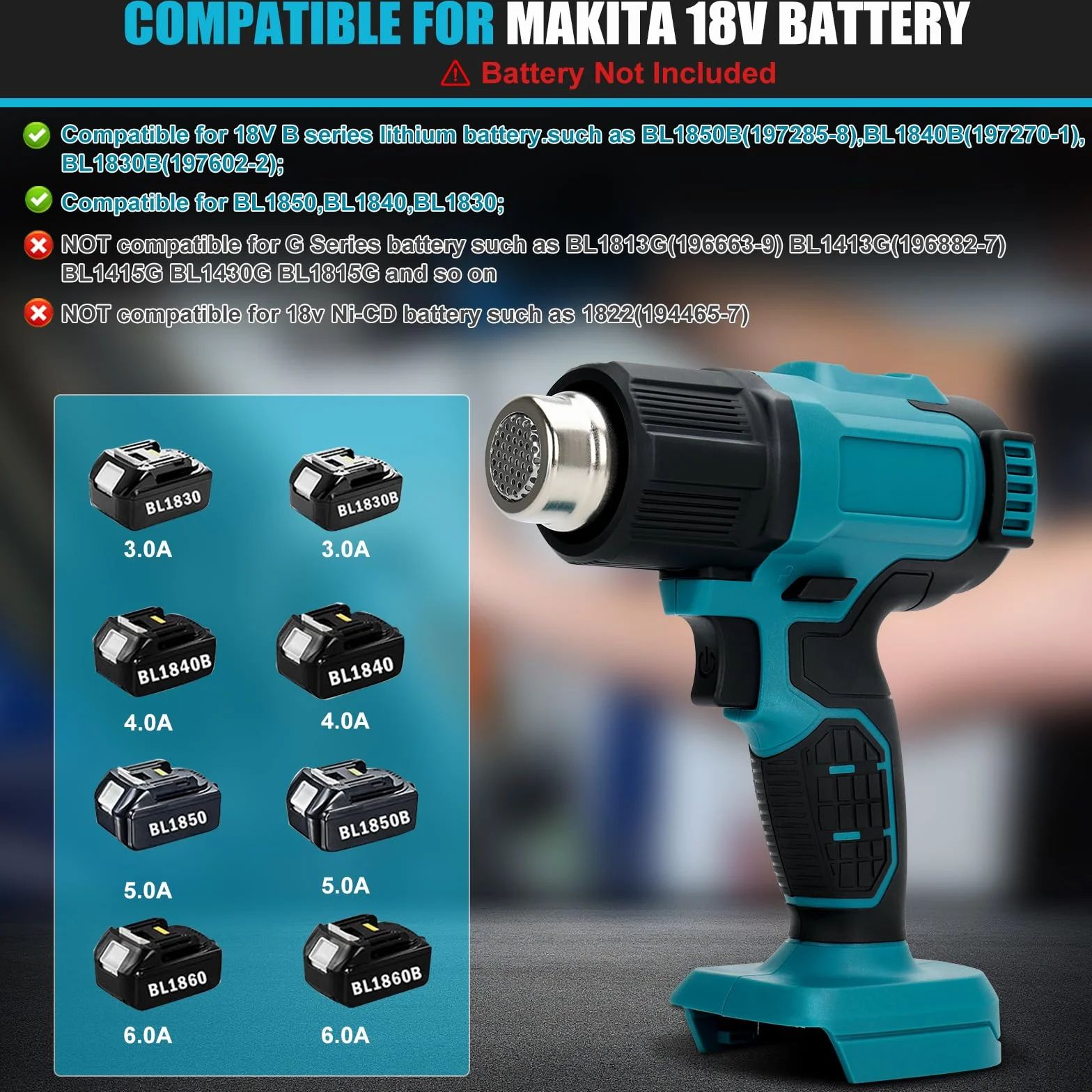 Pistolet na gorące powietrze, kompatybilny z akumulatorami Makita 18 V (nie wchodzi w zakres dostawy). Regulowana temperatura wiatru, maks. 550°C, wyświetlacz LCD, do spawania, suszenia,